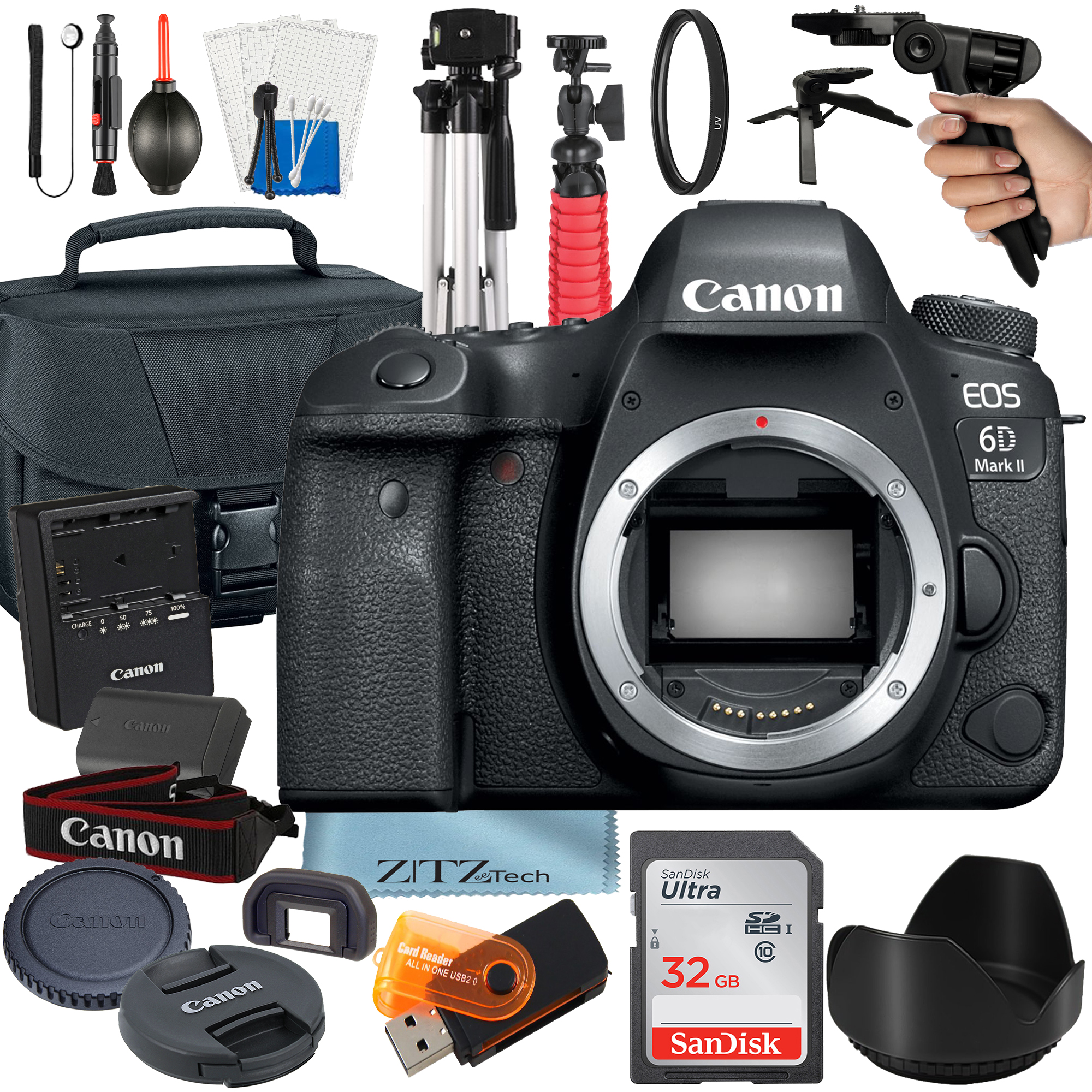 Canon EOS 6D Mark II DSLR Camera (Body Only) with 32GB SanDisk Card + Tripod + Case + ZeeTech Accessory Bundle