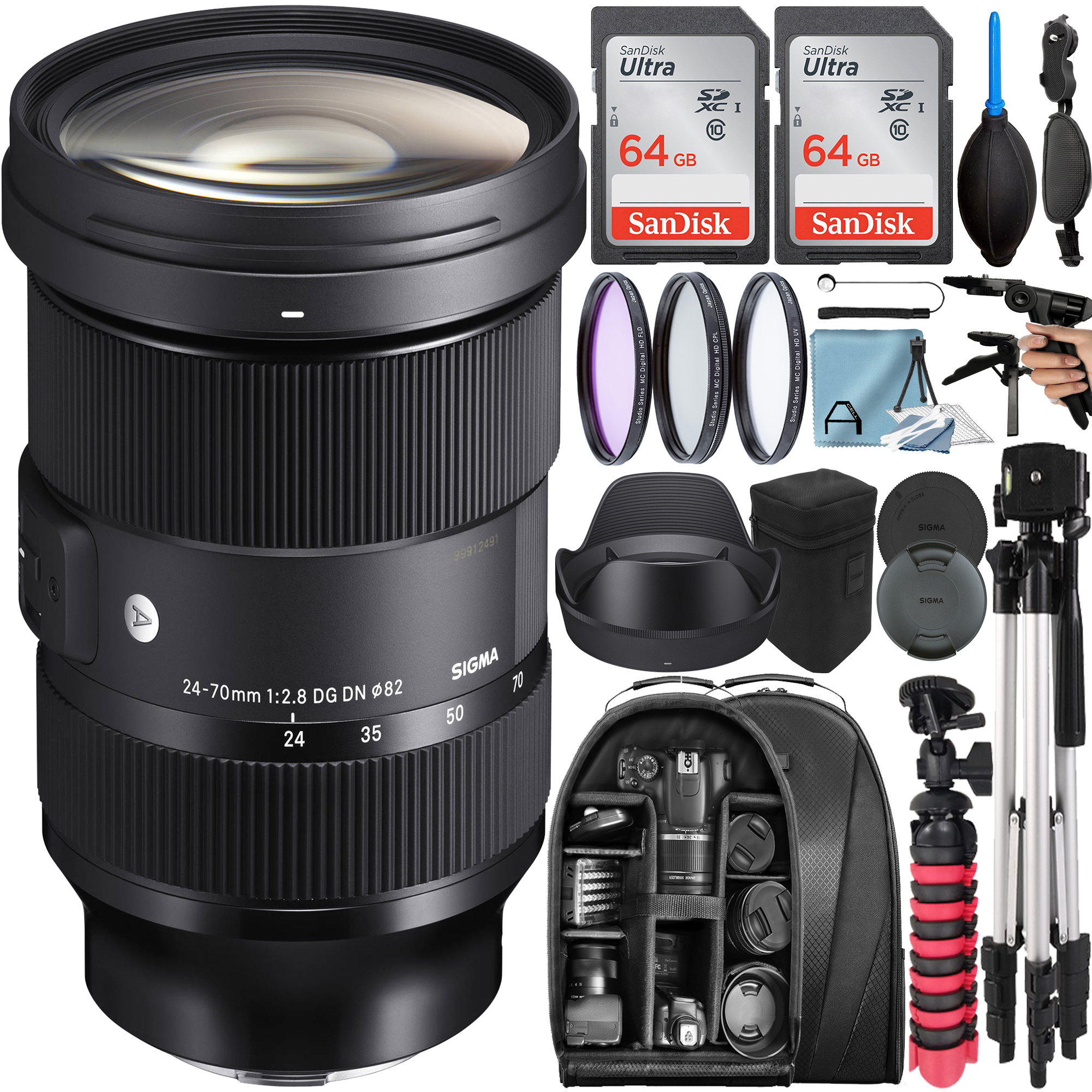 Sigma 24-70mm f/2.8 DG DN Art Lens for Sony E with 2 Pack 64GB SanDisk Memory Card + Tripod + Backpack + A-Cell Accessory Bundle