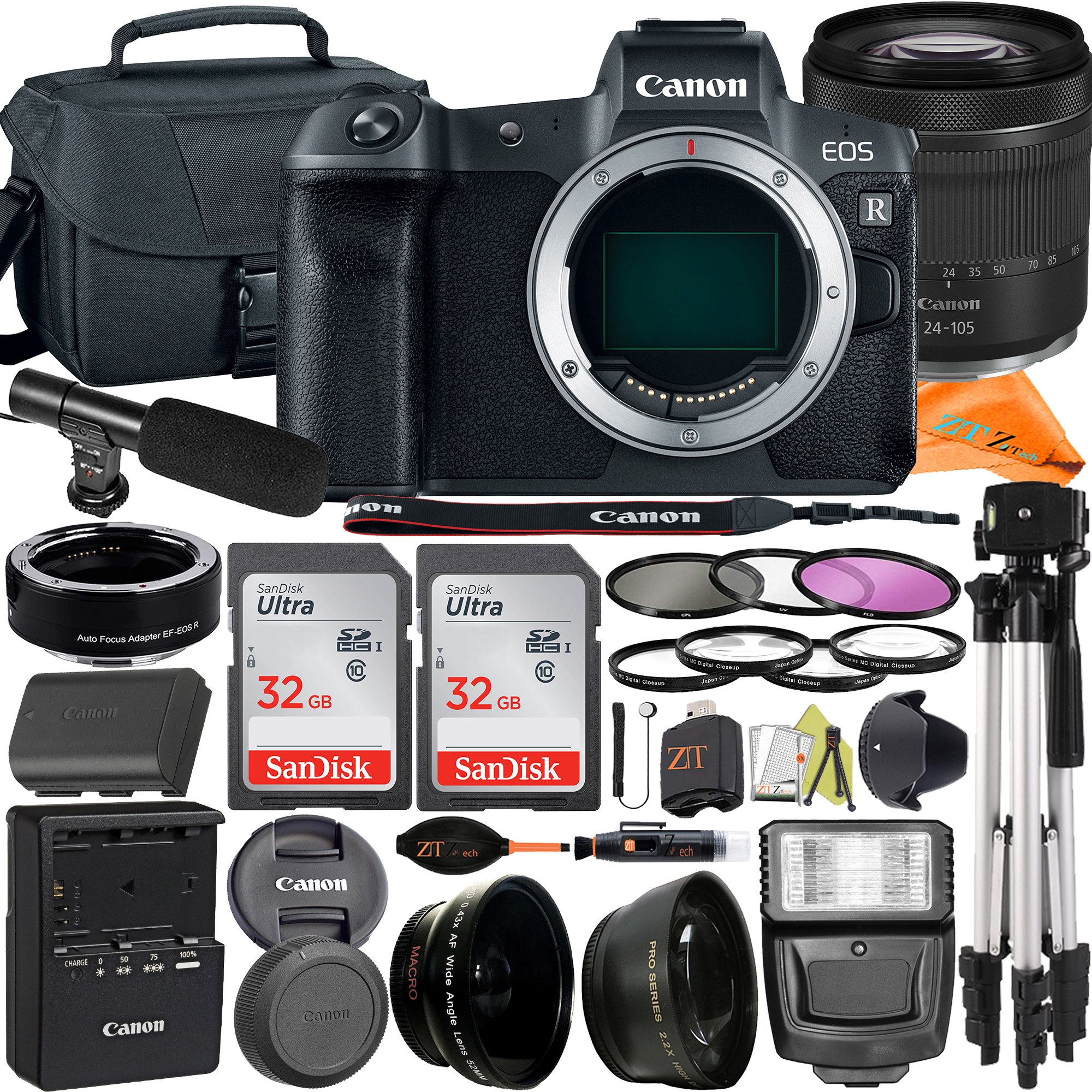 Canon EOS R Mirrorless Camera with RF24-105mm Lens + Mount Adapter + 2Pack SanDisk 32GB + Case + ZeeTech Accessory