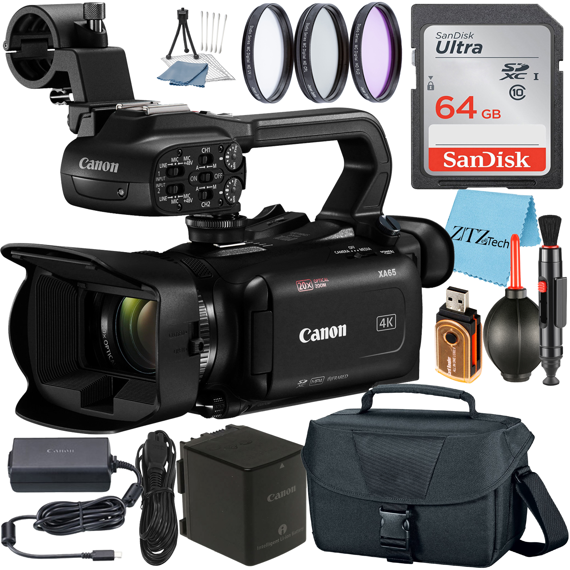Canon XA65 Professional UHD 4K Camcorder with SanDisk 64GB Memory Card + Case + 3 Pieces Filter + ZeeTech Accessory Bundle