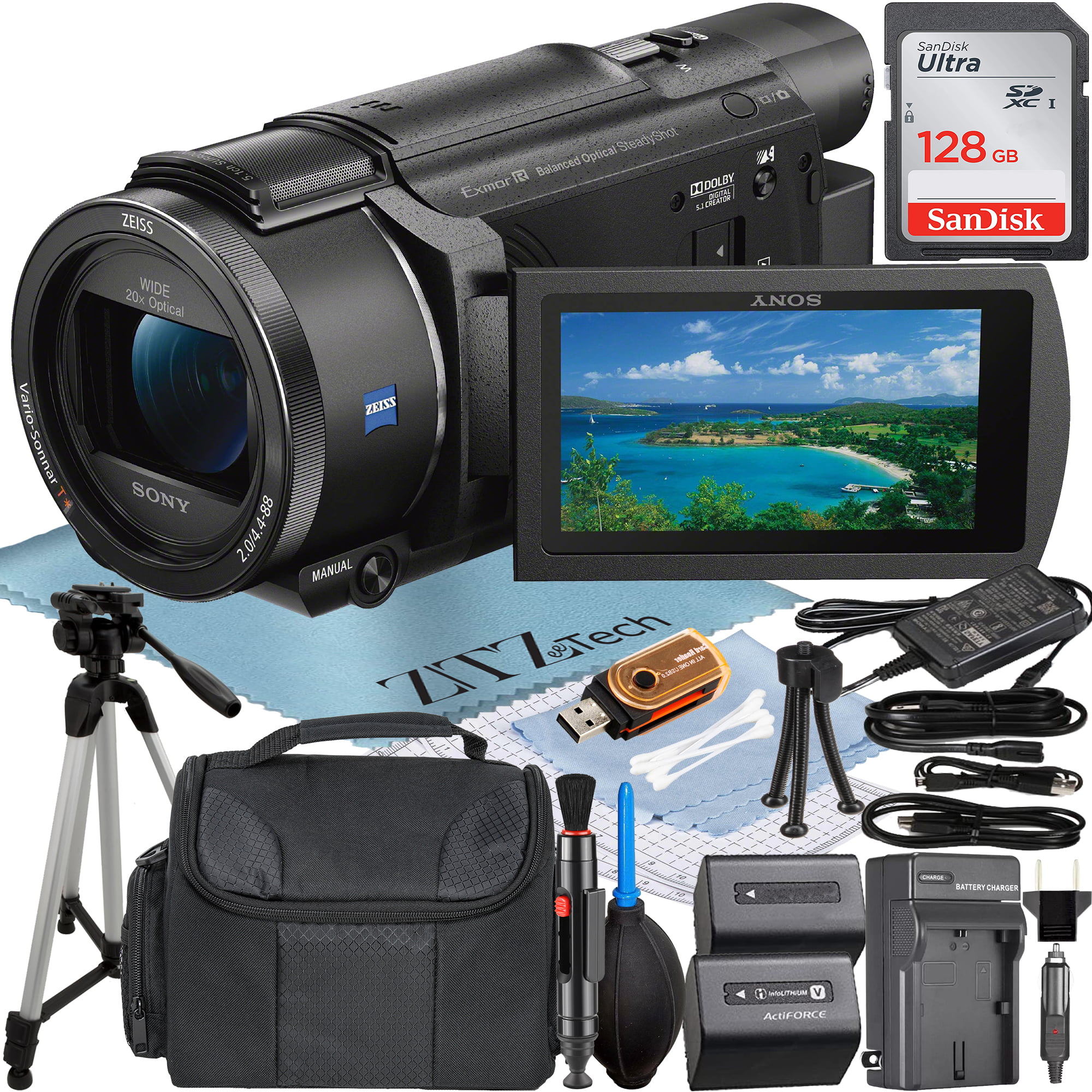 Sony FDR-AX53 4K Ultra HD Handycam Camcorder with 128GB SanDisk Memory Card + Charger + Case + Tripod + ZeeTech Accessory Bundle