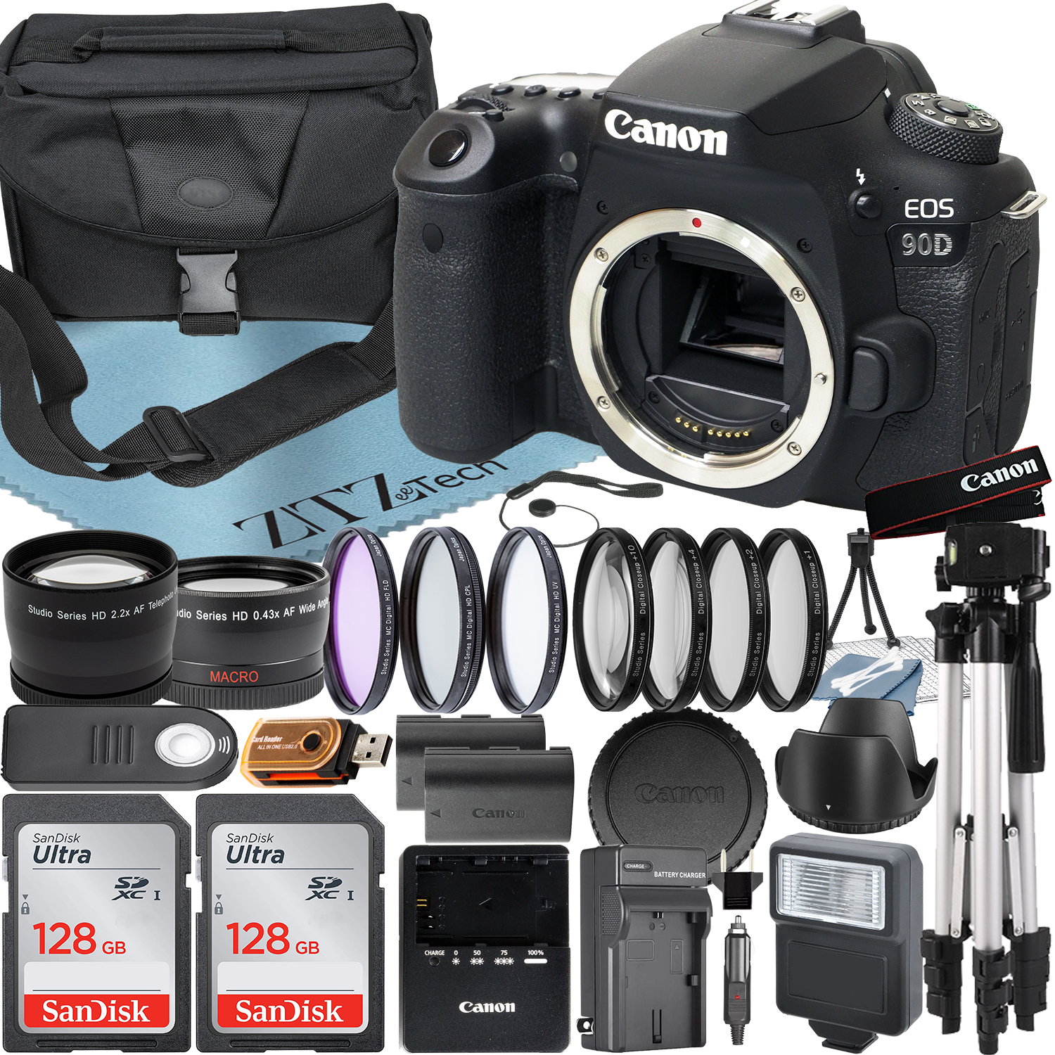 Canon EOS 90D DSLR Camera (Body Only) with 32.5MP CMOS Sensor + SanDisk 128GB Card + Case + Telephoto + Tripod + ZeeTech Accessory Bundle