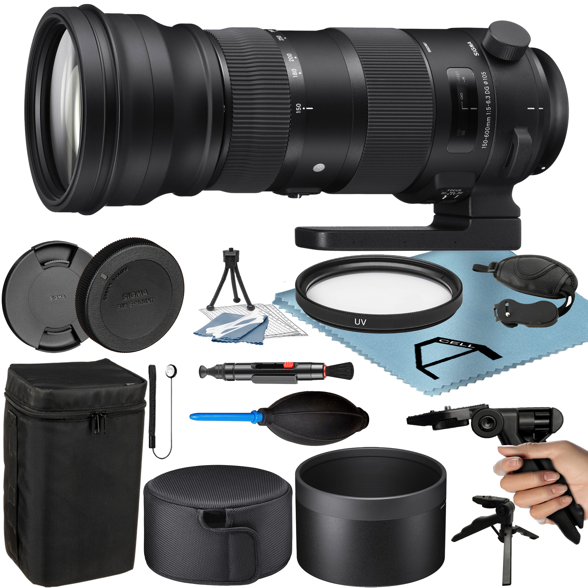 Sigma 150-600mm F/5-6.3 DG OS HSM Sports Lens for Nikon F with Tripod + UV Filter + A-Cell Accessory Bundle