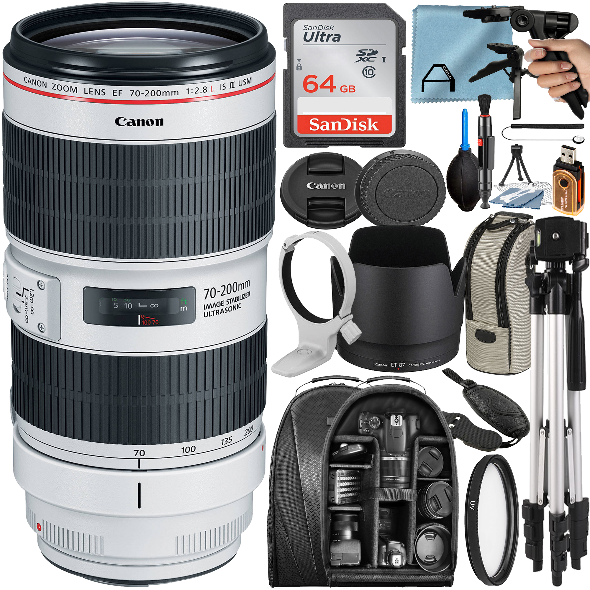 Canon EF 70-200mm f/2.8L IS III USM Lens with 64GB SanDisk Memory Card + Tripod + Backpack + A-Cell Accessory Bundle