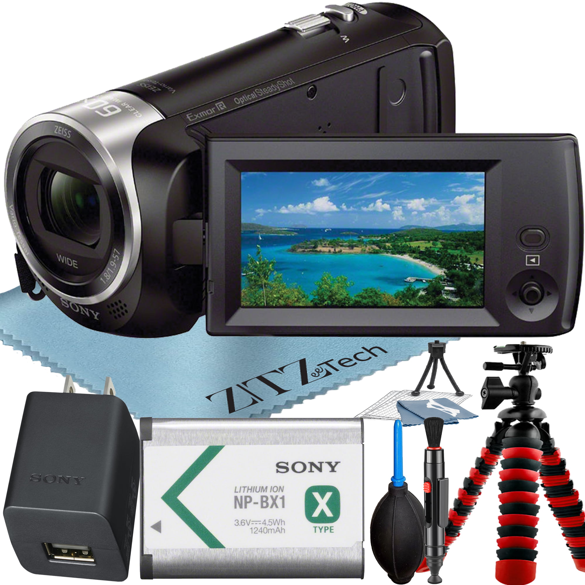 Sony HDR-CX405 HD Handycam Camcorder Video Recording with Tripod + Cleaning Pen + ZeeTech Accessory Bundle