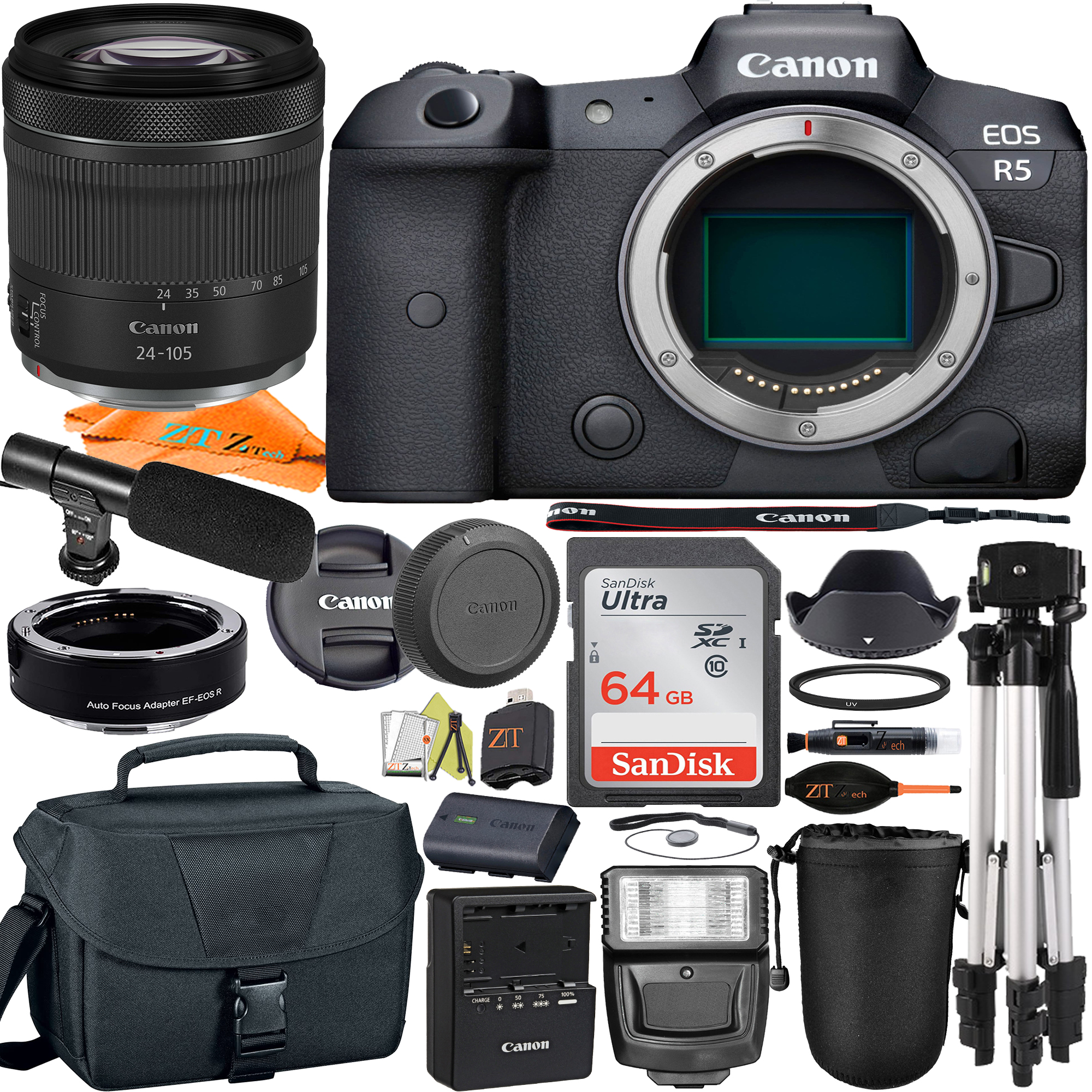 Canon EOS R5 Mirrorless Digital Camera with RF24-105mm Lens + Mount Adapter + SanDisk 64GB + ZeeTech Accessory Bundle