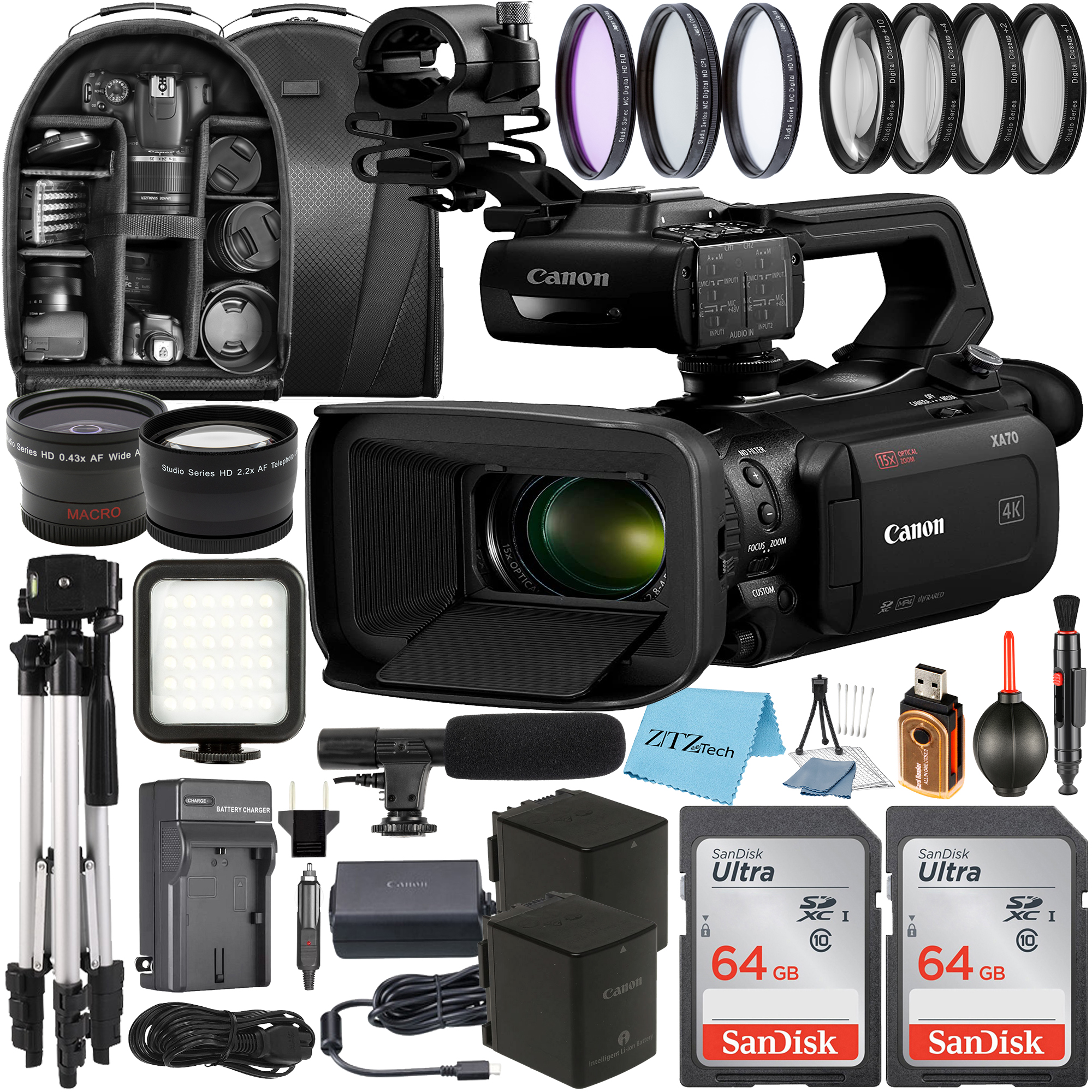 Canon XA70 UHD 4K30 Camcorder with Dual-Pixel Autofocus + 2 Pack SanDisk 64GB Memory Card + Wideangle Lens + ZeeTech Accessory Bundle
