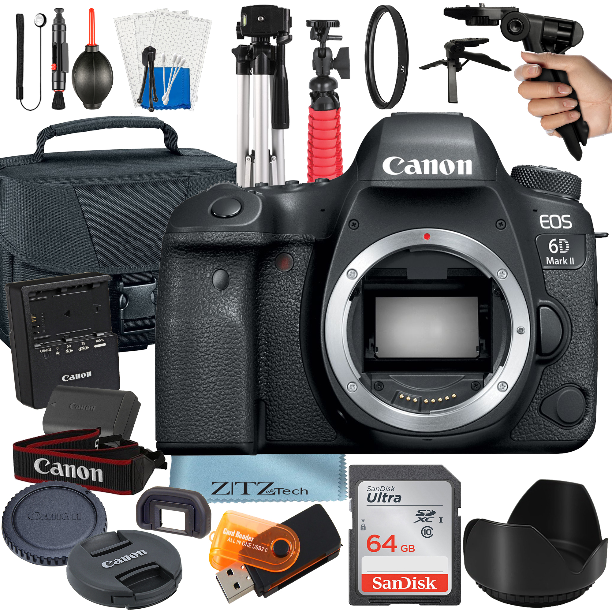 Canon EOS 6D Mark II DSLR Camera (Body Only) with 64GB SanDisk Card + Tripod + Case + ZeeTech Accessory Bundle