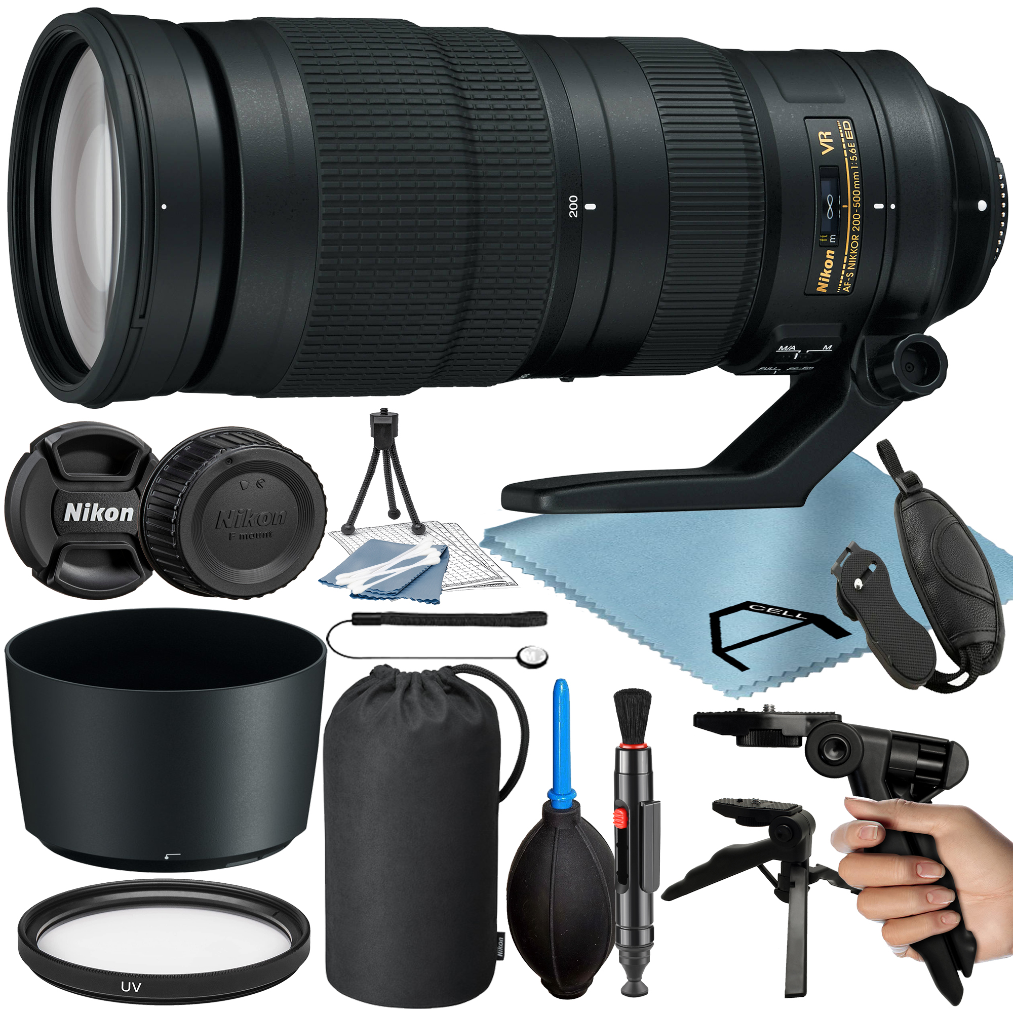 Nikon AF-S NIKKOR 200-500mm f/5.6E ED VR Lens with Tripod + UV Filter + A-Cell Accessory Bundle