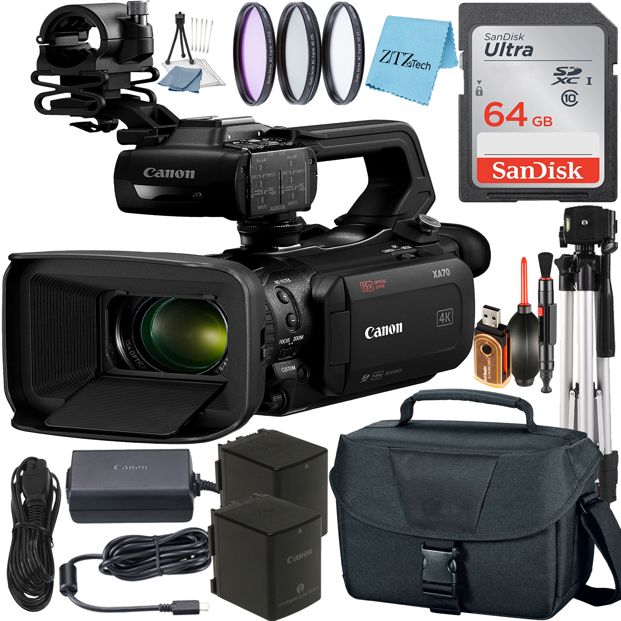 Canon XA70 UHD 4K30 Camcorder with Dual-Pixel Autofocus + SanDisk 64GB Memory Card + Tripod + 3 Pieces Filter + ZeeTech Accessory Bundle