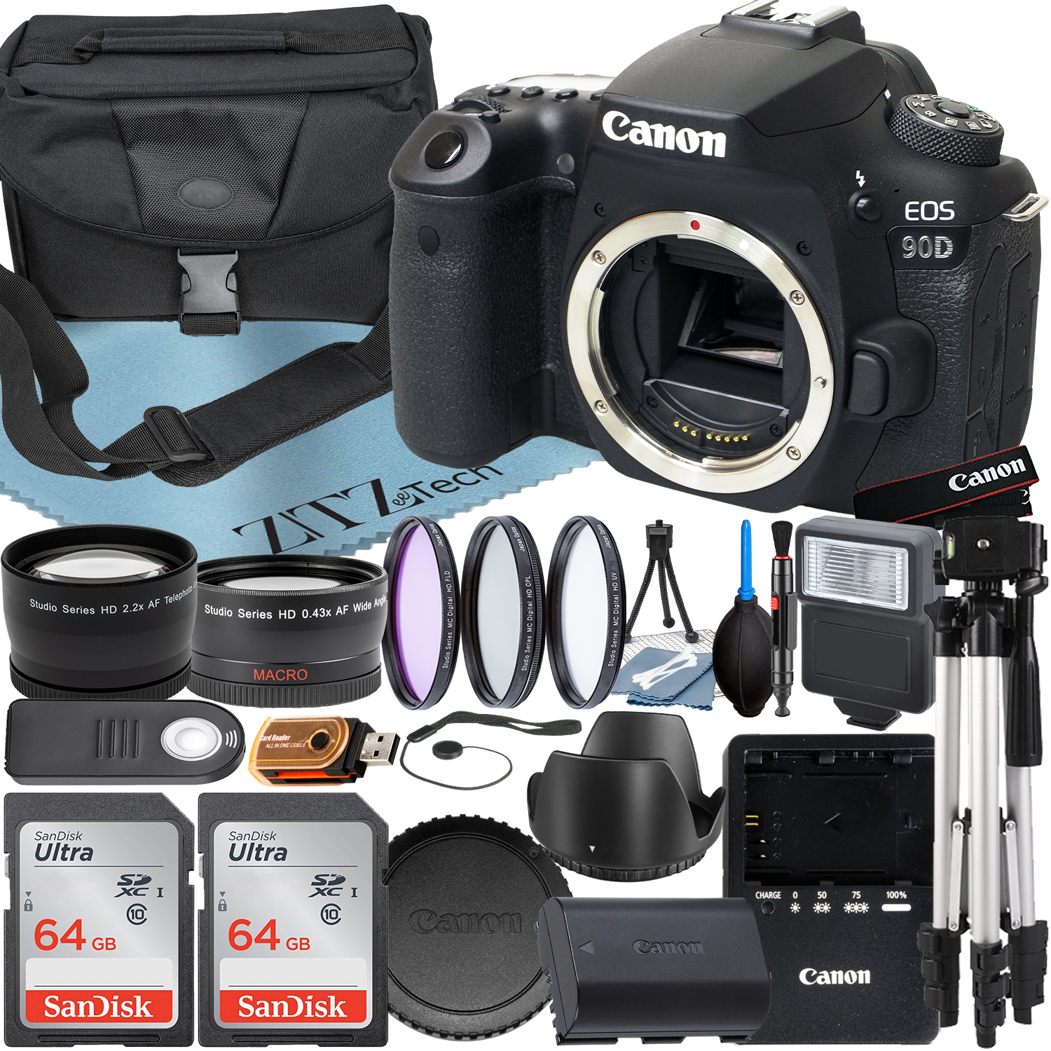 Canon EOS 90D DSLR Camera (Body Only) with 32.5MP CMOS Sensor + SanDisk 64GB Card + Case + Wideangle + Tripod + ZeeTech Accessory Bundle