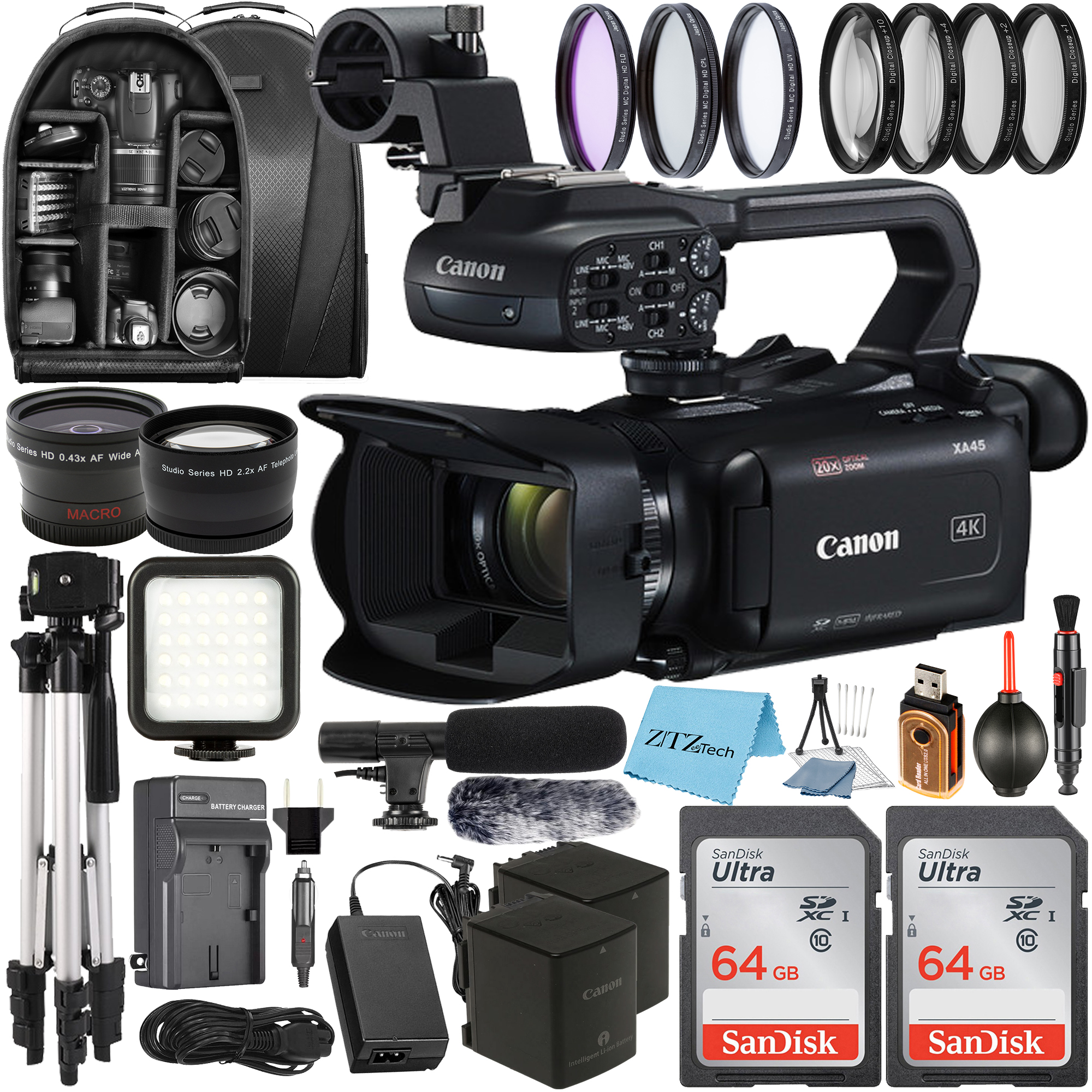 Canon XA45 Professional UHD 4K Camcorder with 2 Pack 64GB SanDisk Card + Backpack + Flash + Microphone + ZeeTech Accessory