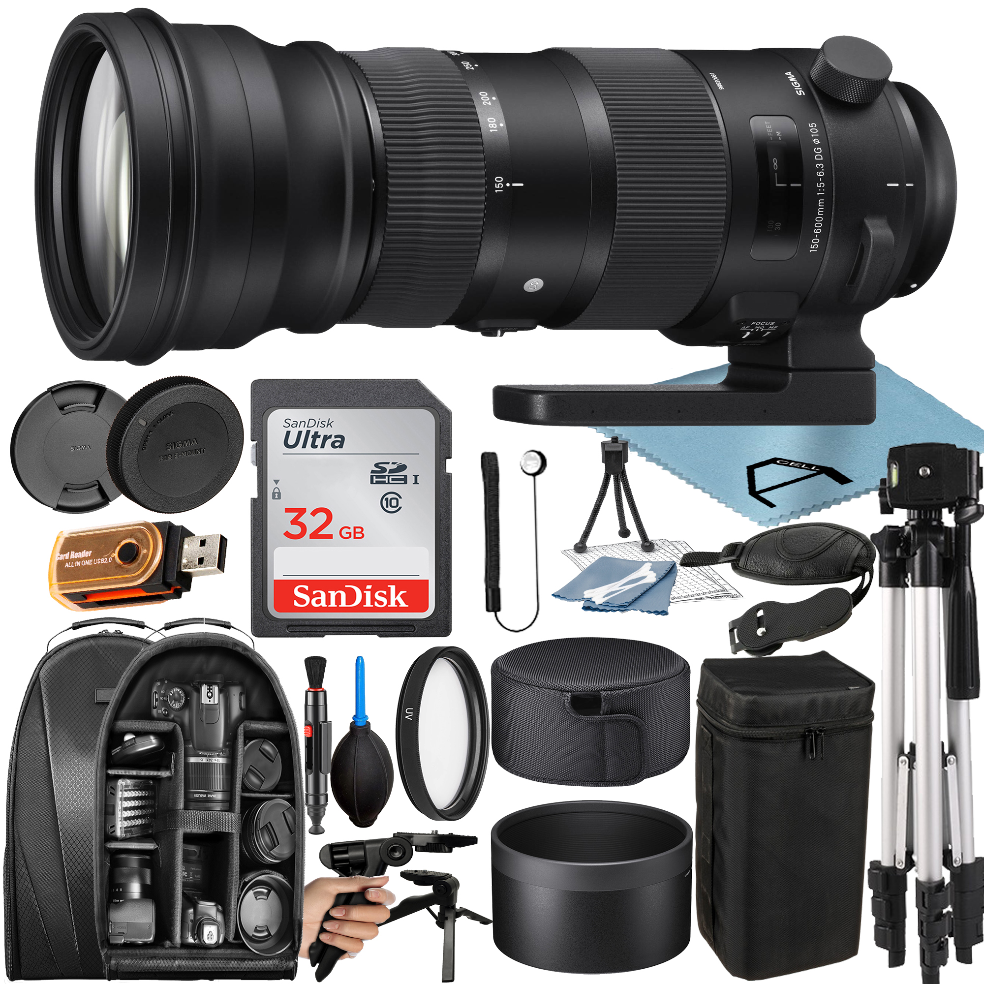 Sigma 150-600mm F/5-6.3 DG OS HSM Sports Lens for Nikon F with 32GB SanDisk Memory Card + Tripod + Backpack + A-Cell Accessory Bundle