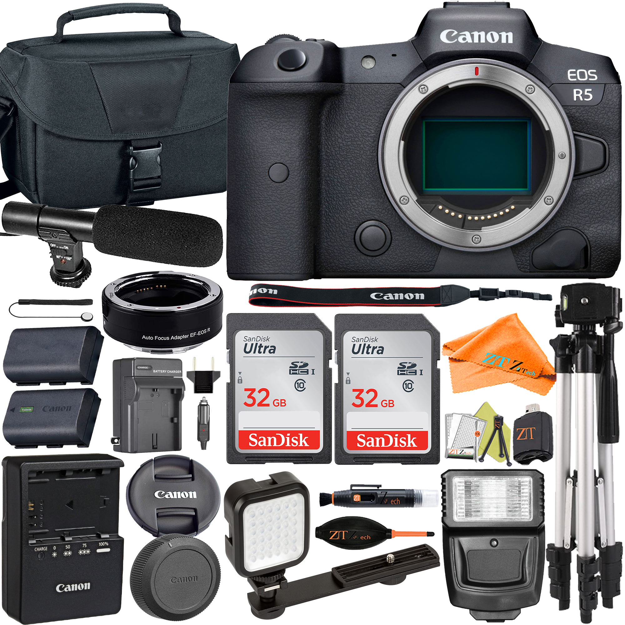 Canon EOS R5 Mirrorless Camera (Body Only) with Mount Adapter + Microphone + 2 Pack SanDisk 32GB + Case + ZeeTech Accessory