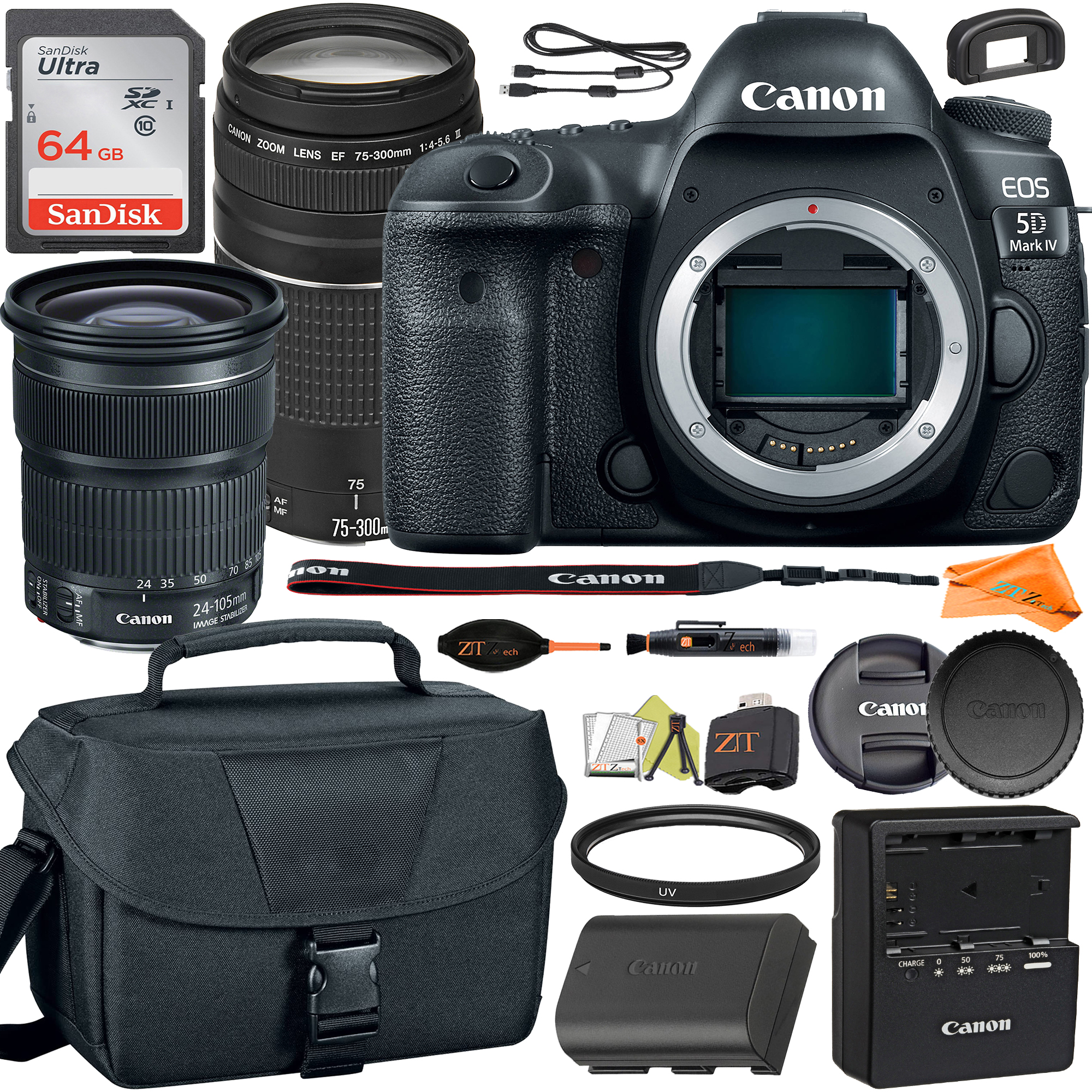 Canon EOS 5D Mark IV DSLR Camera with 24-105mm + 75-300mm Lens + SanDisk 64GB Card + Case + ZeeTech Accessory Bundle