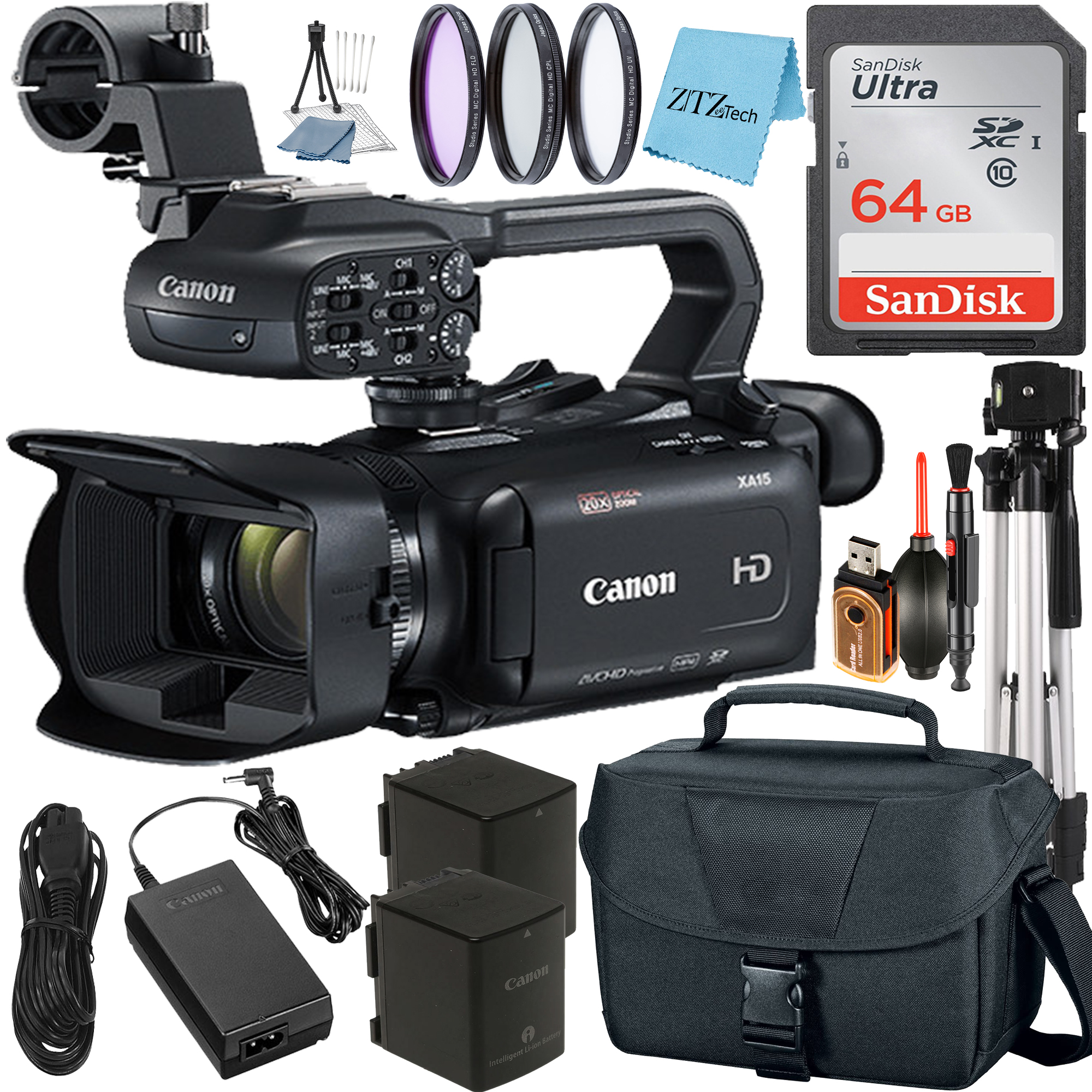 Canon XA15 Compact Full HD Camcorder with 64GB SanDisk Card + Case + Tripod + 3 Pieces Filter + ZeeTech Accessory
