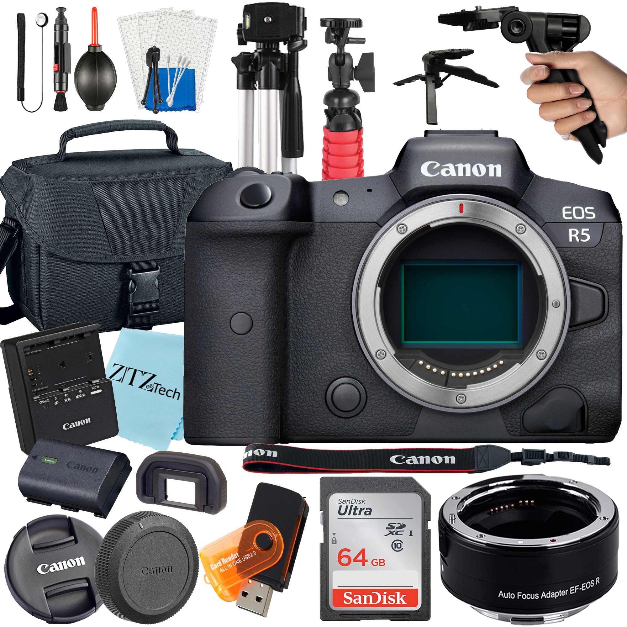 Canon EOS R5 Mirrorless Digital Camera (Body Only) with EF Mount Adapter + 64GB SanDisk + Case + ZeeTech Accessory