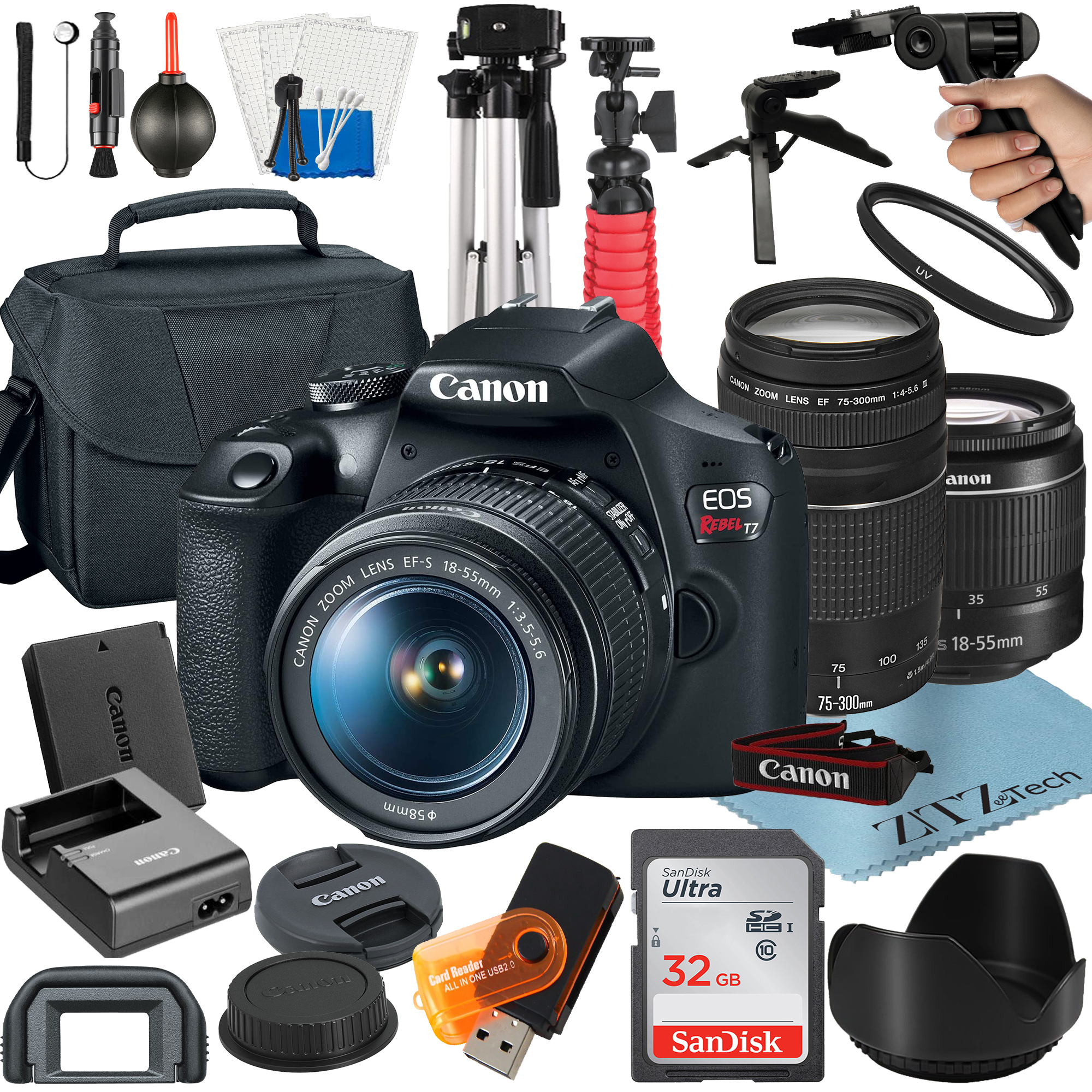 Canon EOS Rebel T7 DSLR Camera Bundle with 18-55mm + 75-300mm Lens + 32GB SanDisk Card + Case + Tripod + ZeeTech Accessory