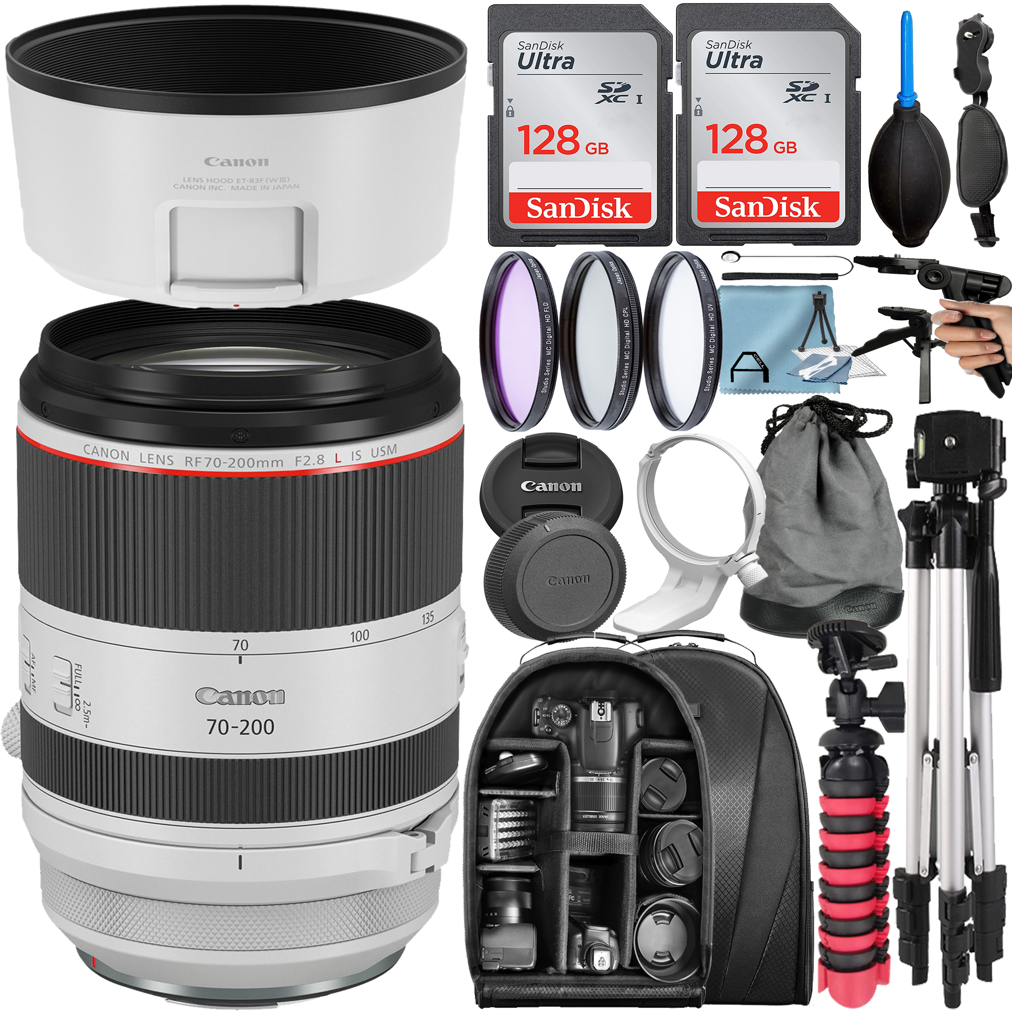 Canon RF 70-200mm F/2.8 L IS USM Telephoto Zoom Lens with 2 Pack 128GB SanDisk Memory Card + Tripod + Backpack + A-Cell Accessory Bundle
