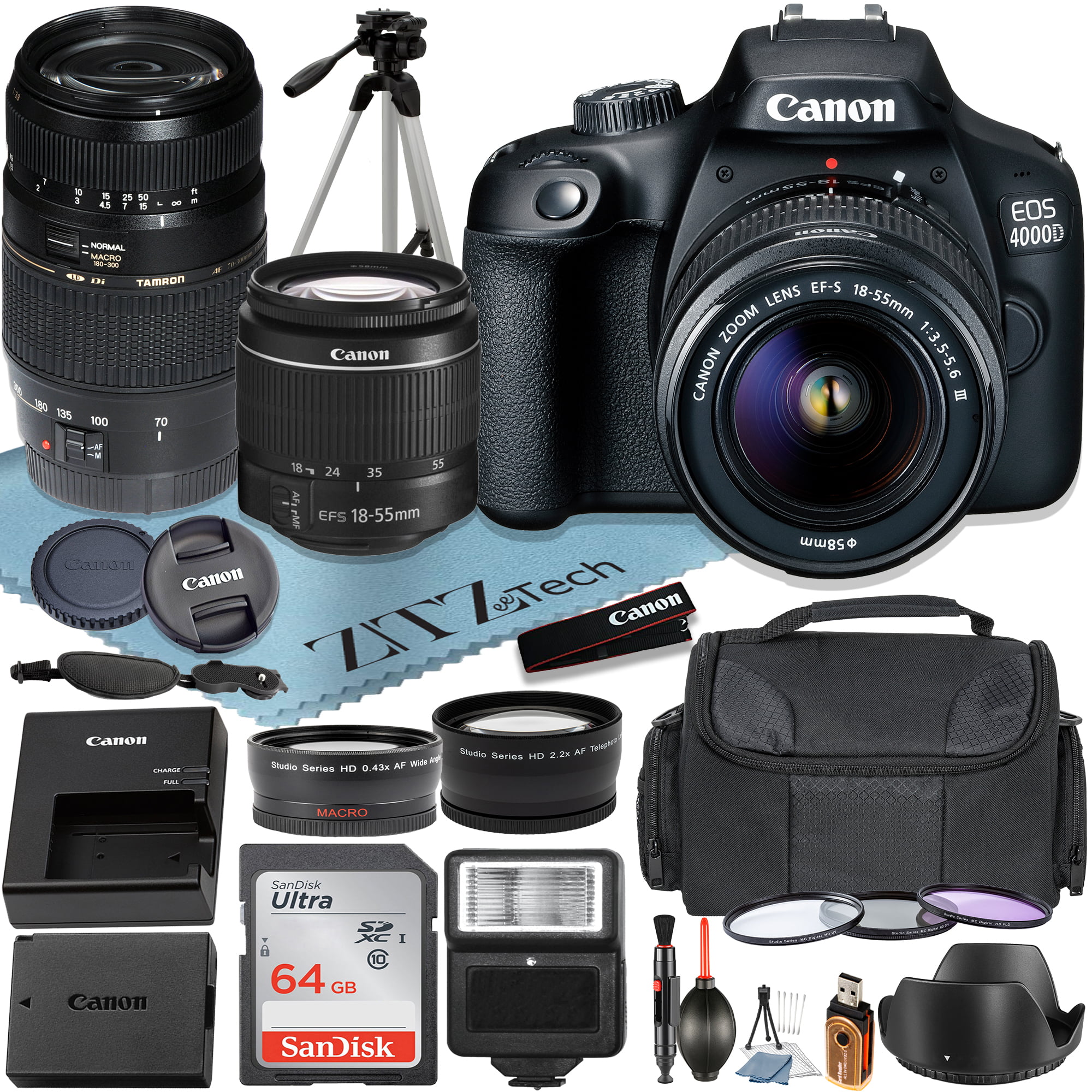 Canon EOS 4000D / Rebel T100 Camera + Canon 18-55mm + 70-300mm +64GB Memory Cards +ZeeTech Accessory Bundle
