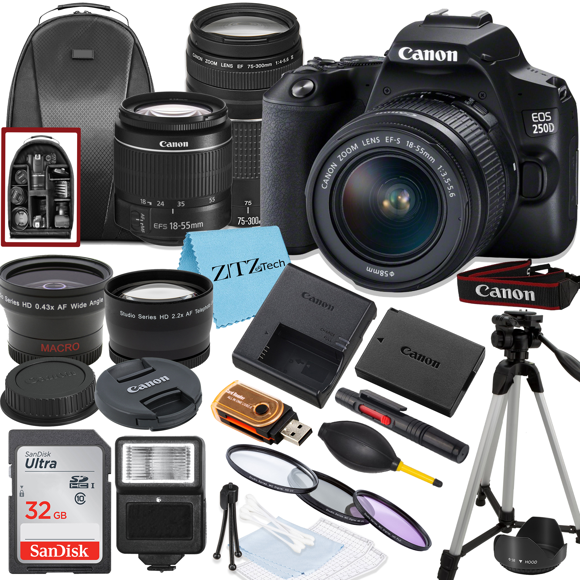 Canon EOS 250D / Rebel SL3 DSLR Camera with 18-55mm, 75-300mm Lens, SanDisk 32GB Memory, Tripod, Backpack and ZeeTech Bundle