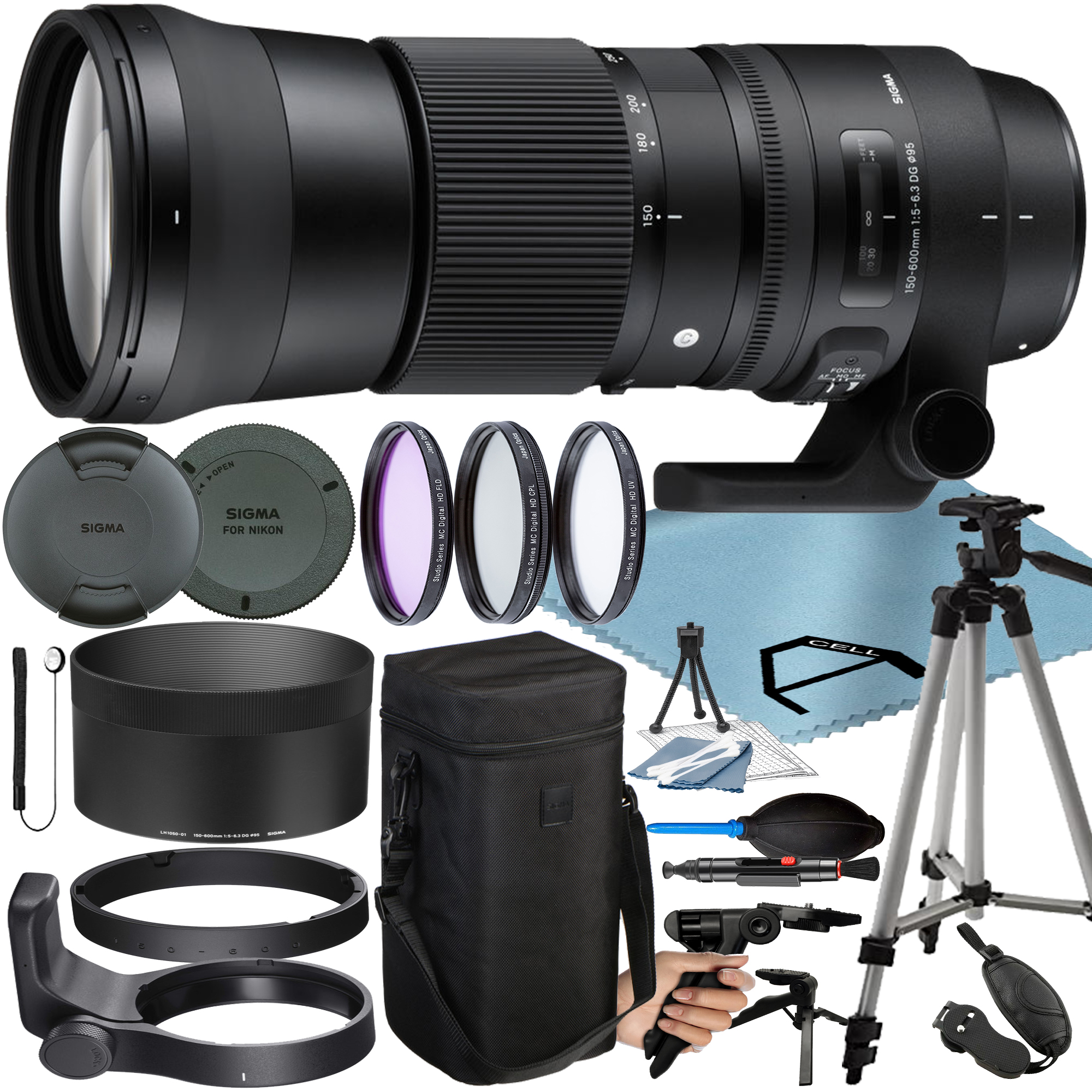 Sigma 150-600mm F/5-6.3 DG OS HSM Contemporary Lens for Nikon F with Tripod + 3 Pieces Filter + A-Cell Accessory Bundle