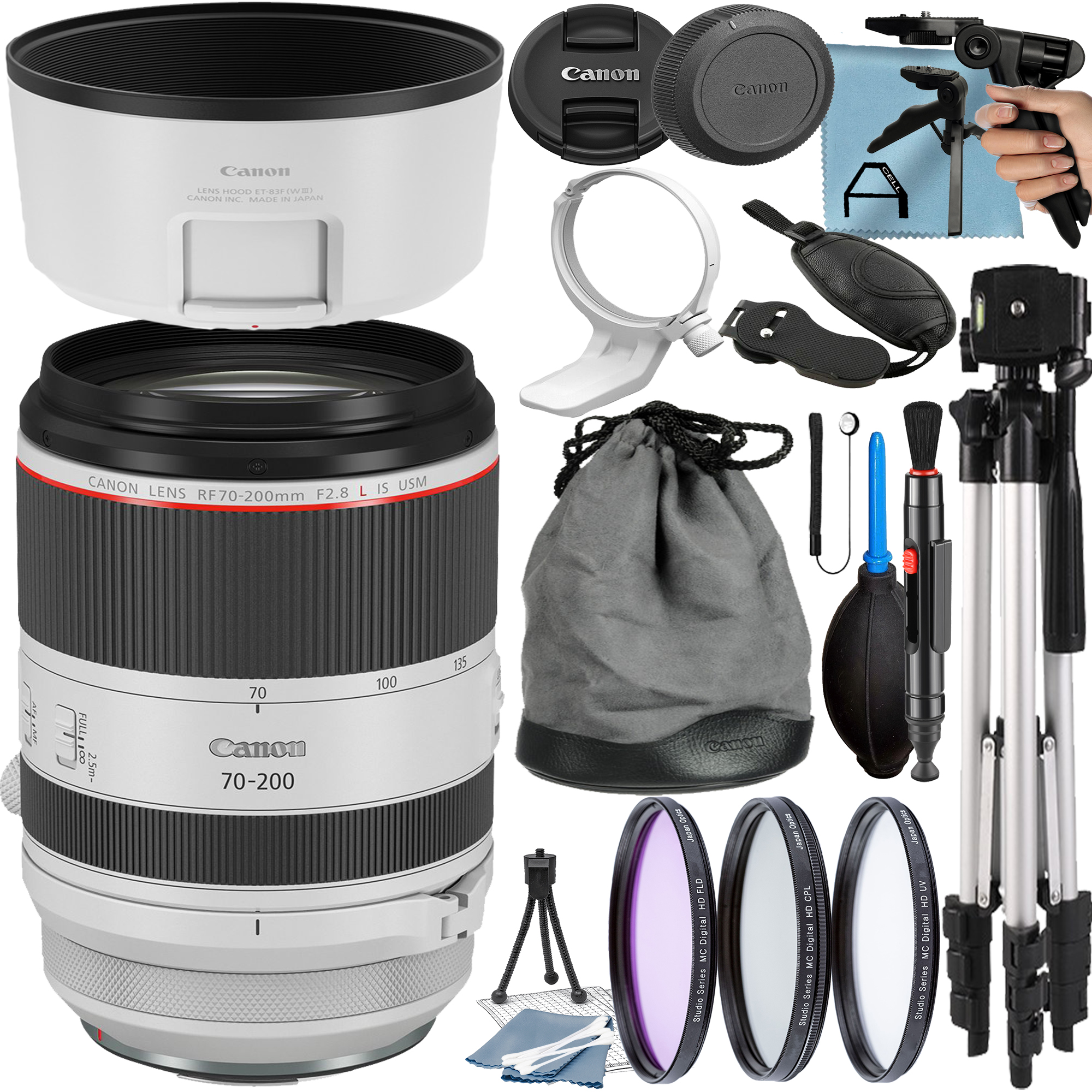 Canon RF 70-200mm f/2.8 L IS USM Telephoto Zoom Lens with Tripod + 3 Pieces Filter + A-Cell Accessory Bundle