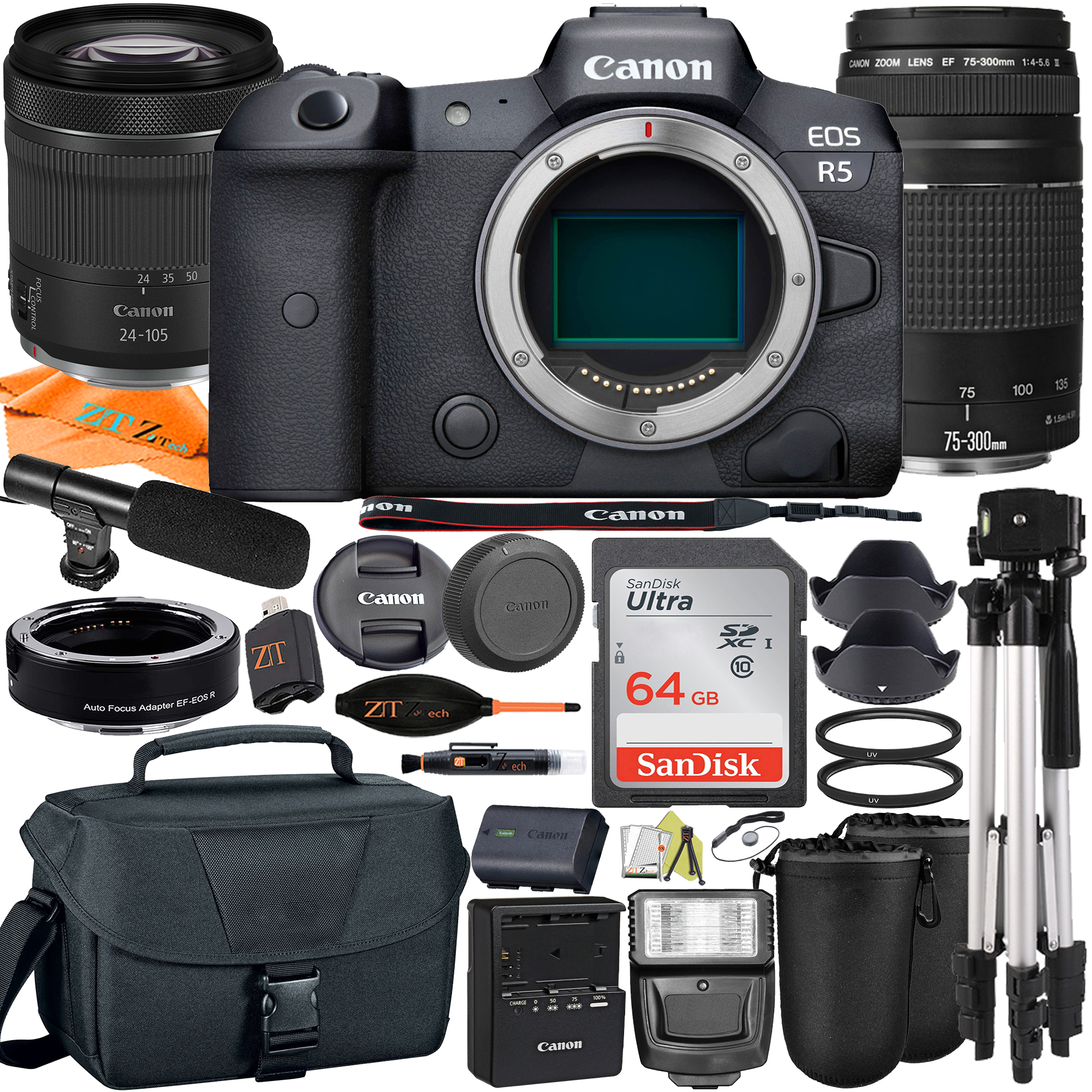 Canon EOS R5 Mirrorless Camera with RF24-105mm + 75-300mm Lens + Mount Adapter + SanDisk 64GB + ZeeTech Accessory