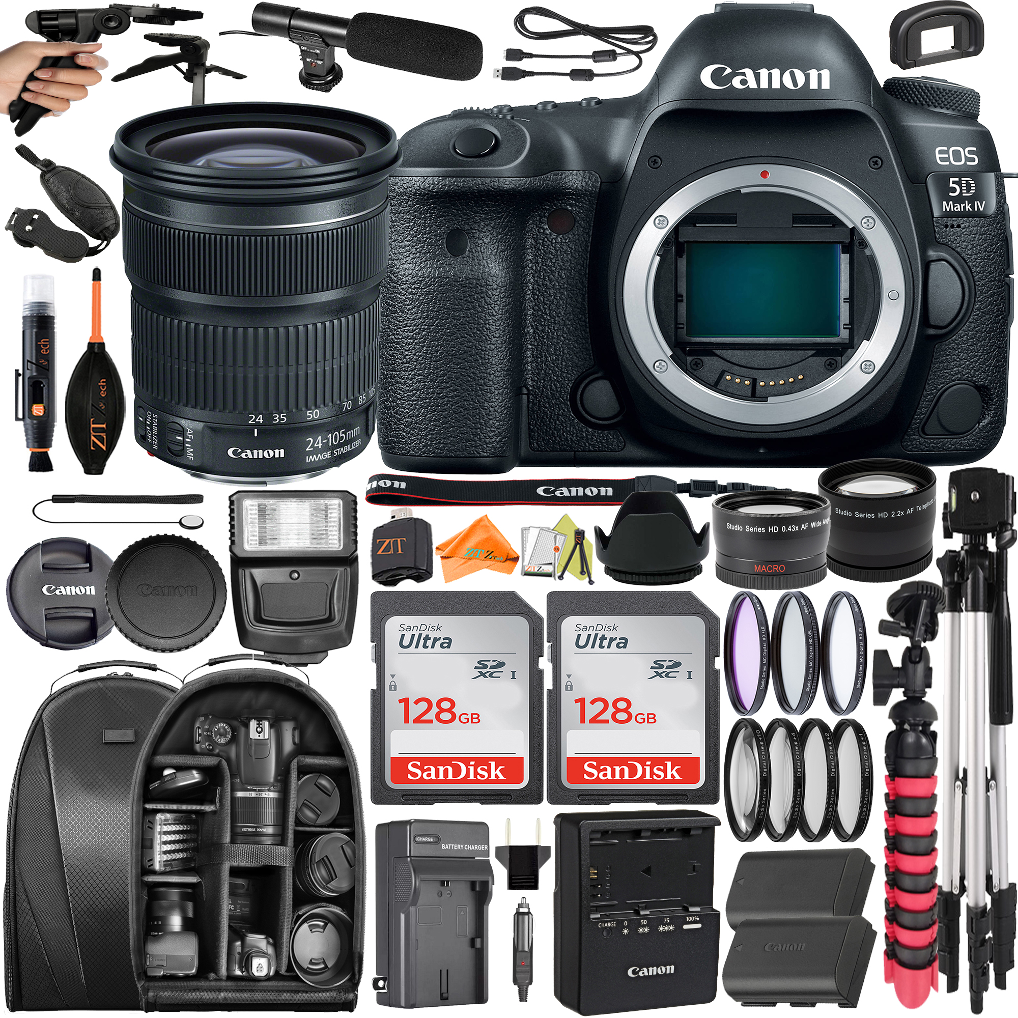 Canon EOS 5D Mark IV DSLR Camera with 24-105mm Lens + SanDisk 128GB + Backpack Case + Telephoto + ZeeTech Accessory Bundle