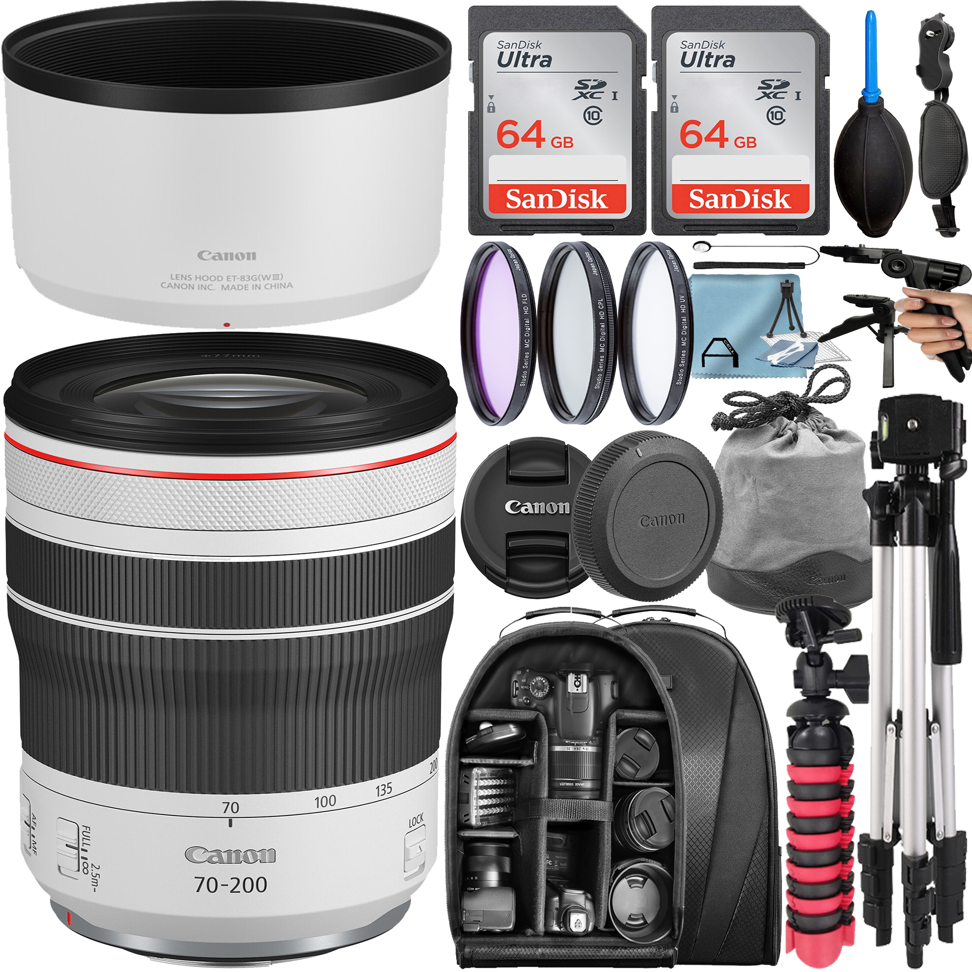 Canon RF 70-200mm f/4L IS USM Telephoto Zoom Lens with 2 Pack 64GB SanDisk Memory Card + Tripod + Backpack + A-Cell Accessory Bundle