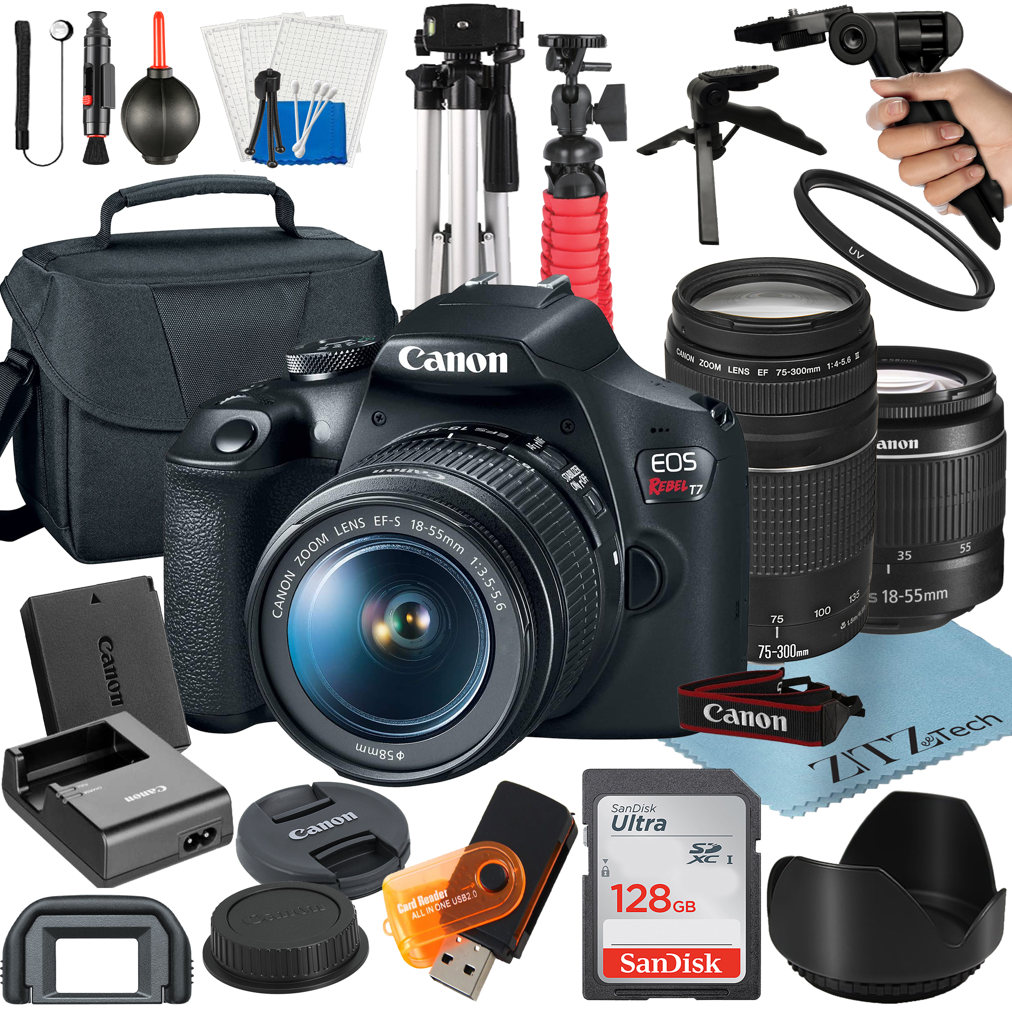 Canon EOS Rebel T7 DSLR Camera Bundle with 18-55mm + 75-300mm Lens + 128GB SanDisk Card + Case + Tripod + ZeeTech Accessory
