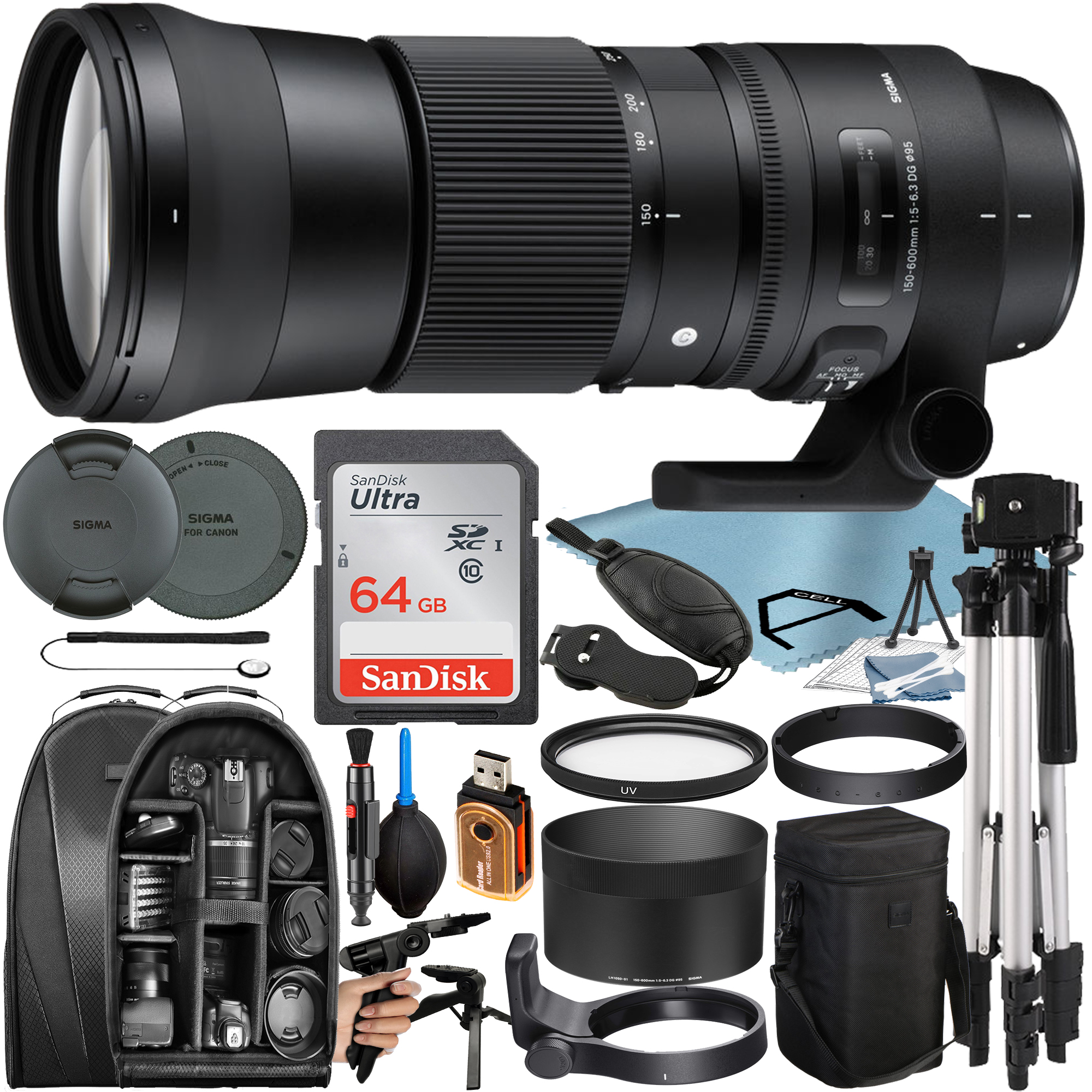 Sigma 150-600mm F/5-6.3 DG OS HSM Contemporary Lens for Canon EF with 64GB SanDisk Memory Card + Tripod + Backpack + A-Cell Accessory Bundle