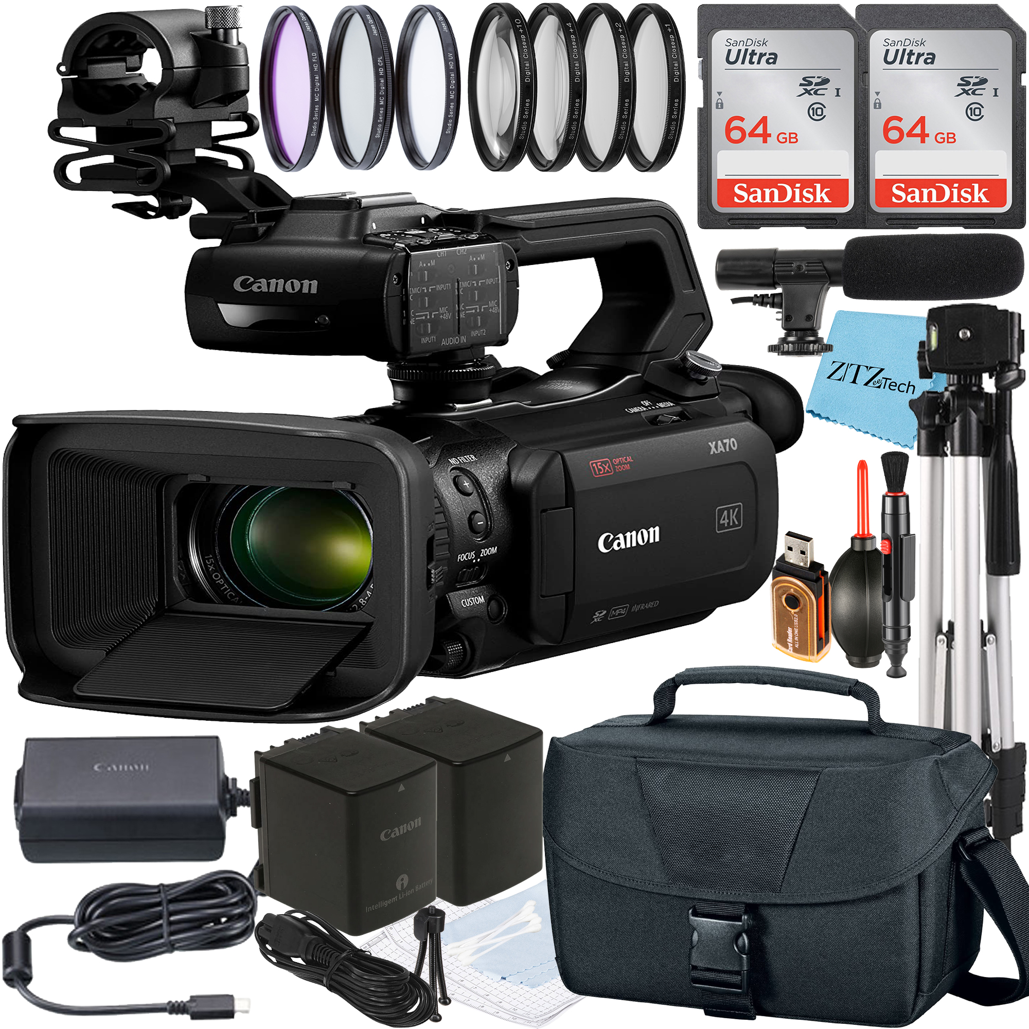 Canon XA70 UHD 4K30 Camcorder with 2 Pack SanDisk 64GB Memory Card + Case + Microphone + ZeeTech Accessory Bundle