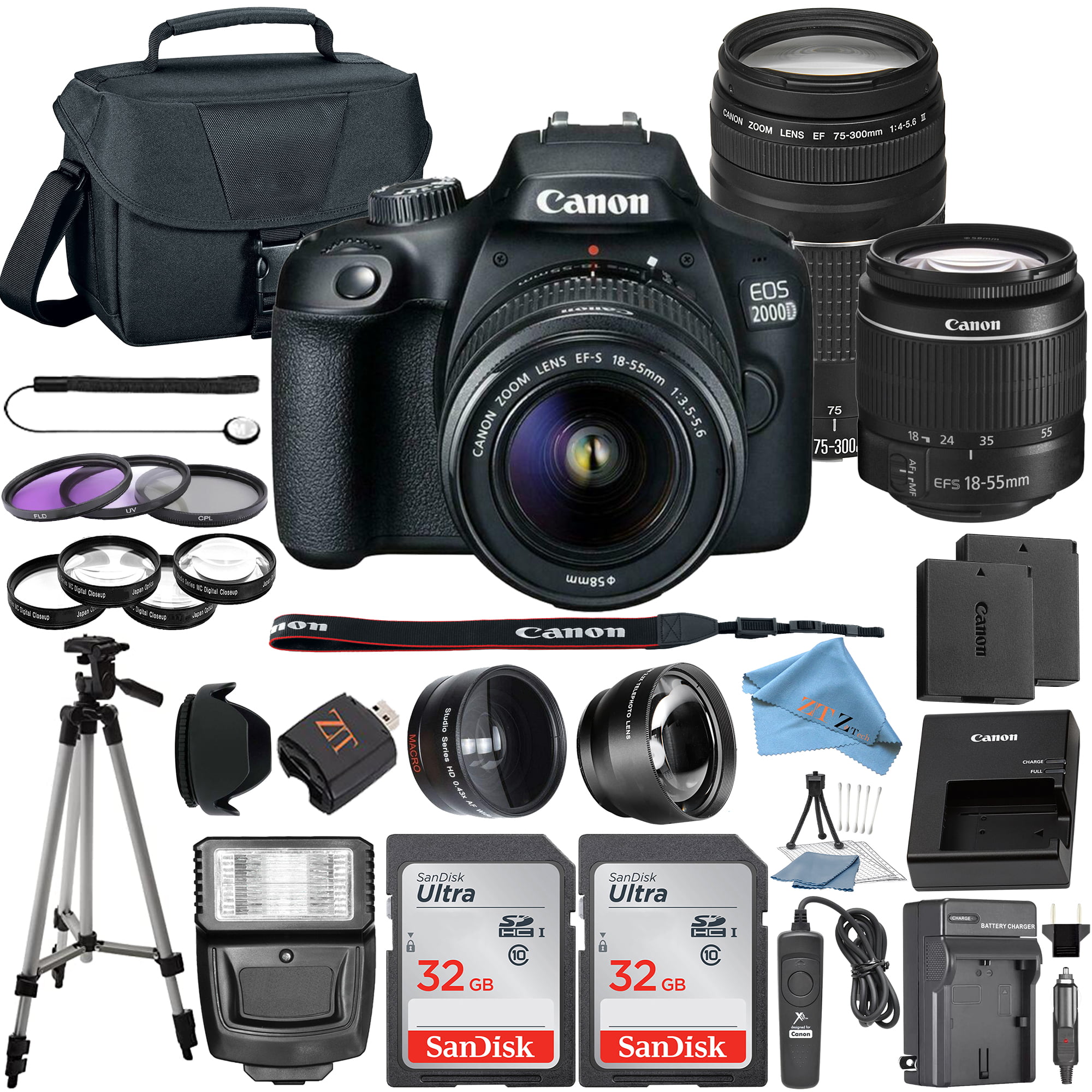 Canon EOS 2000D / Rebel T7 DSLR Camera with 18-55mm + 75-300mm Lens + 2 Pcs SanDisk 32GB Memory + Tripod + Case + ZeeTech Kit