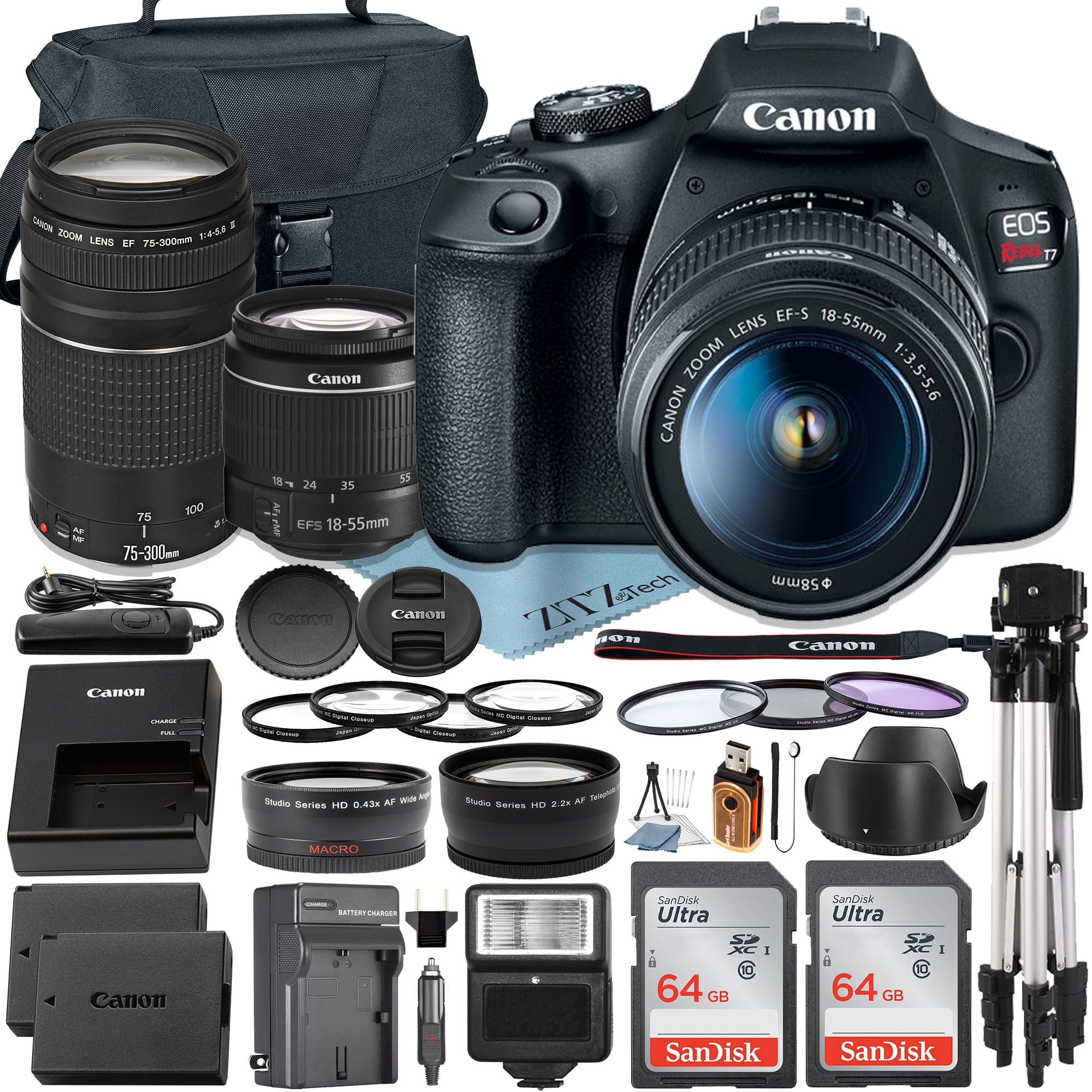 Canon EOS Rebel T7 DSLR Camera with 18-55mm + 75-300mm Lens + 2 Pcs SanDisk 64GB Memory Card + Case + Tripod + Telephoto + ZeeTech Accessory Bundle