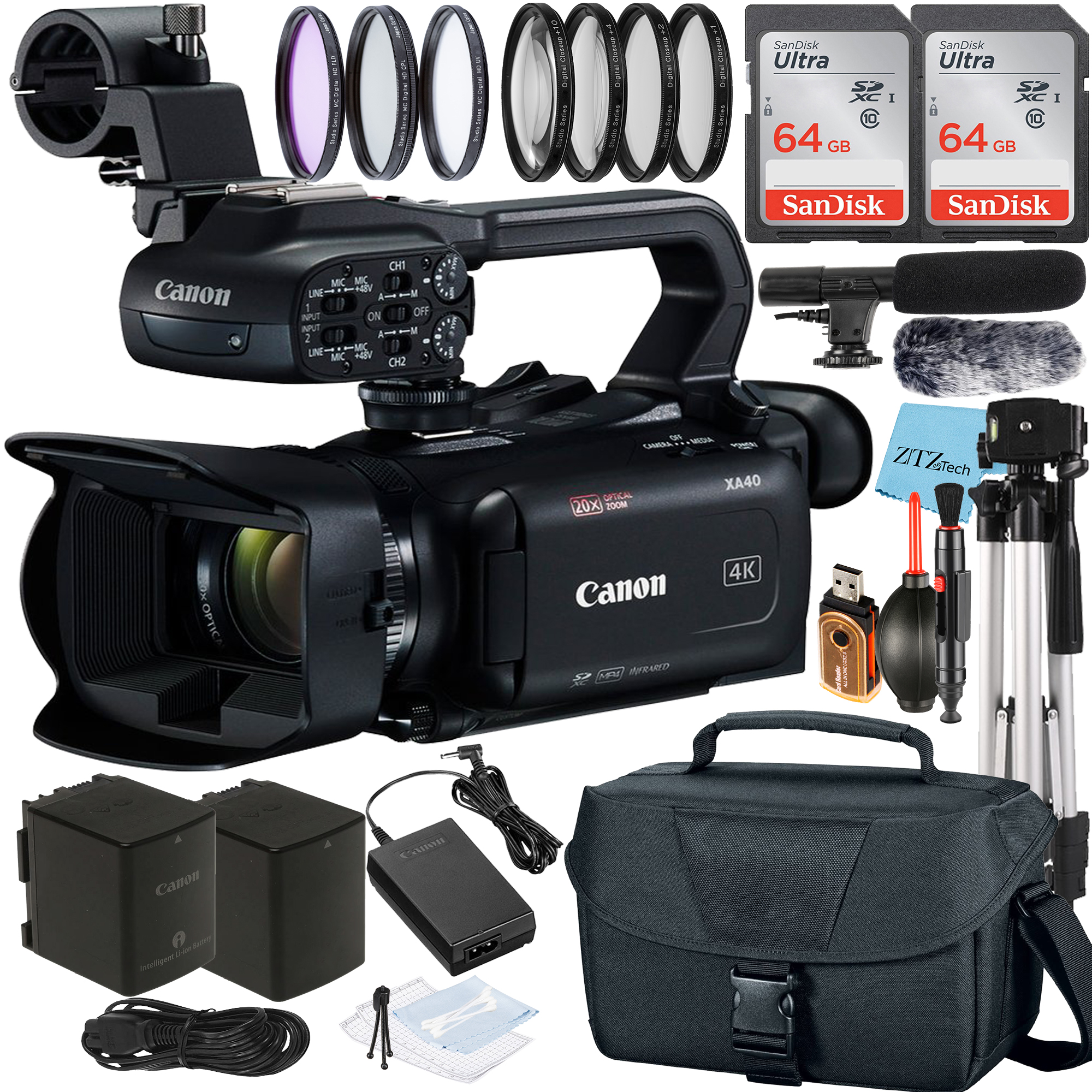 Canon XA40 Professional UHD 4K Camcorder with 2 Pack 64GB SanDisk Card + Case + Tripod + Microphone + ZeeTech Accessory