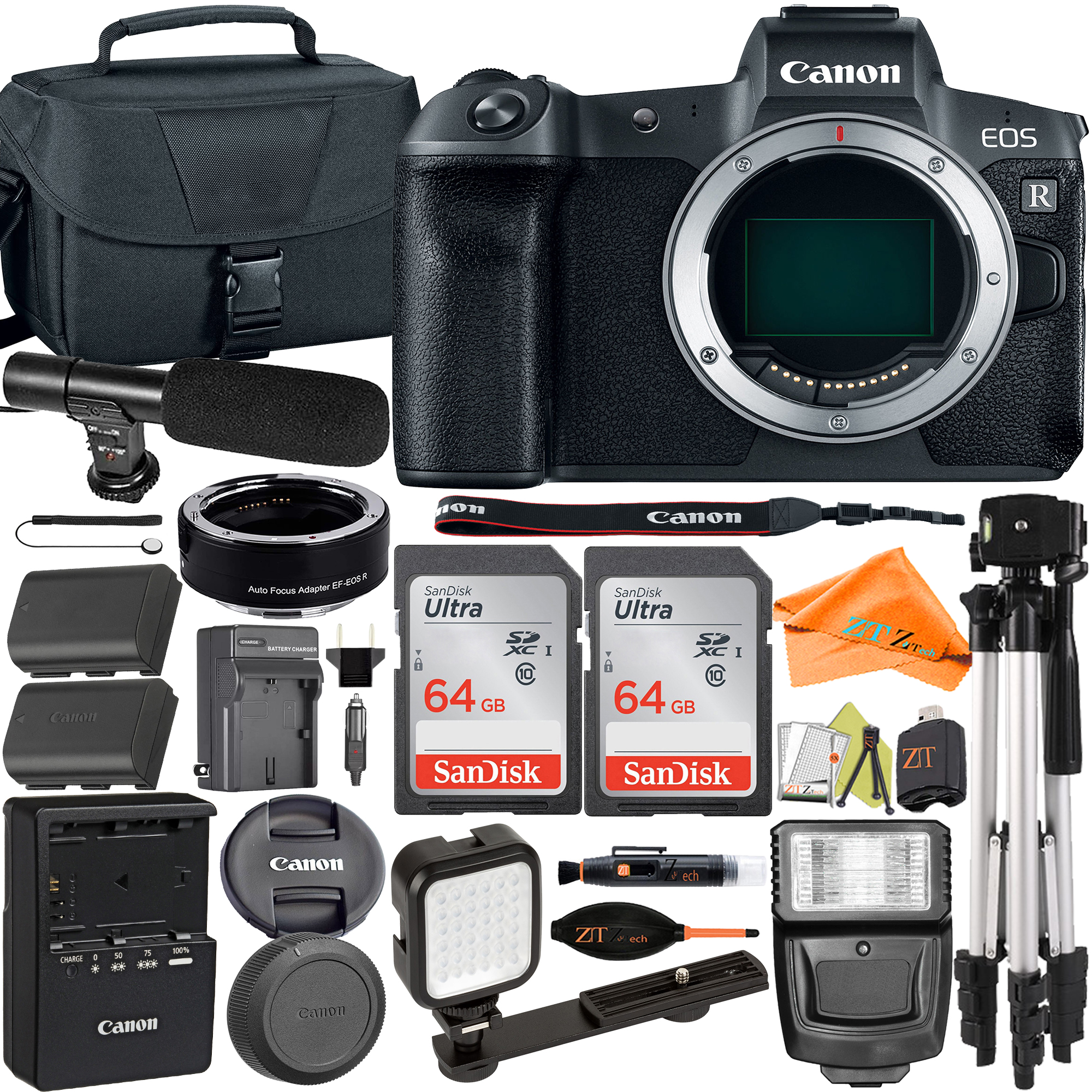 Canon EOS R Mirrorless Camera (Body Only) with Mount Adapter + Microphone + 2 Pack SanDisk 64GB + Case + ZeeTech Accessory