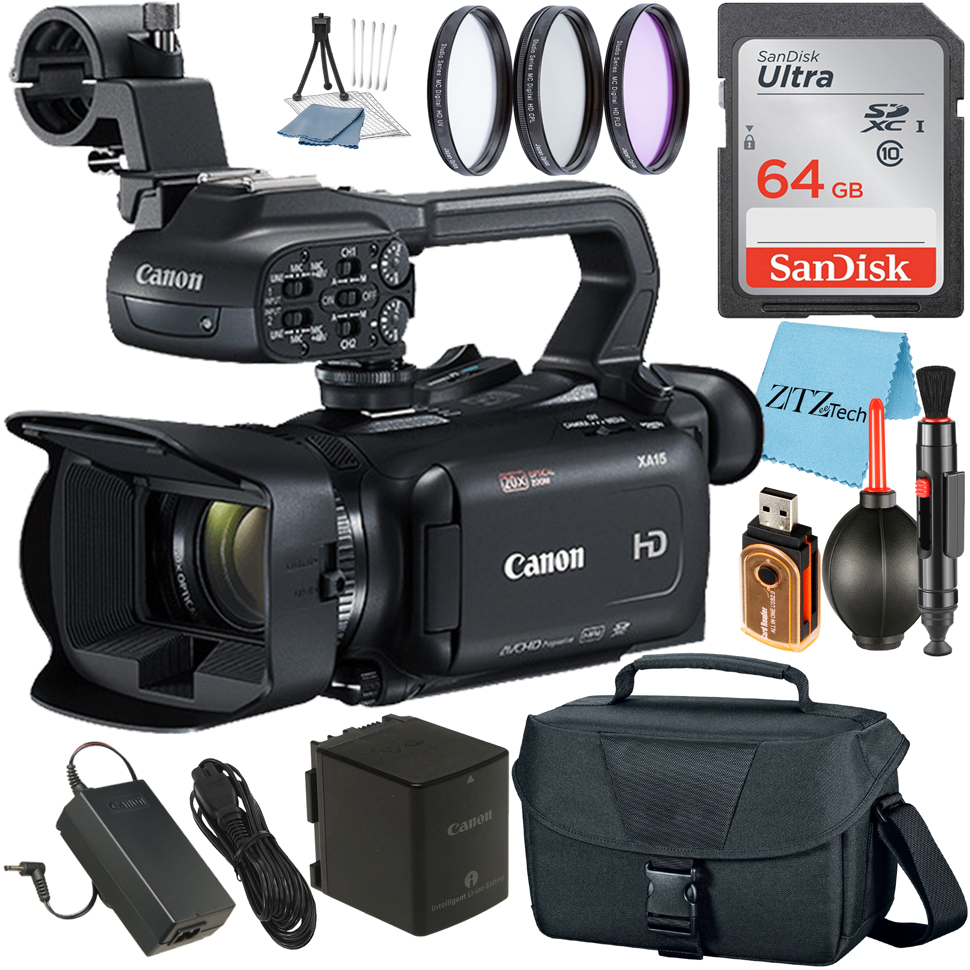 Canon XA15 Compact Full HD Camcorder + 64GB SanDisk Memory Card + Case + 3 Pieces Filter + ZeeTech Accessory