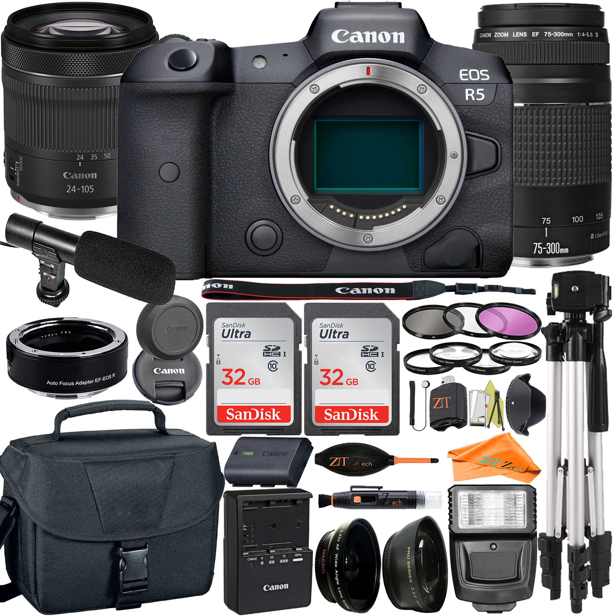 Canon EOS R5 Mirrorless Camera with RF24-105mm + 75-300mm Lens + Mount Adapter + 2 Pack SanDisk 32GB + ZeeTech Accessory