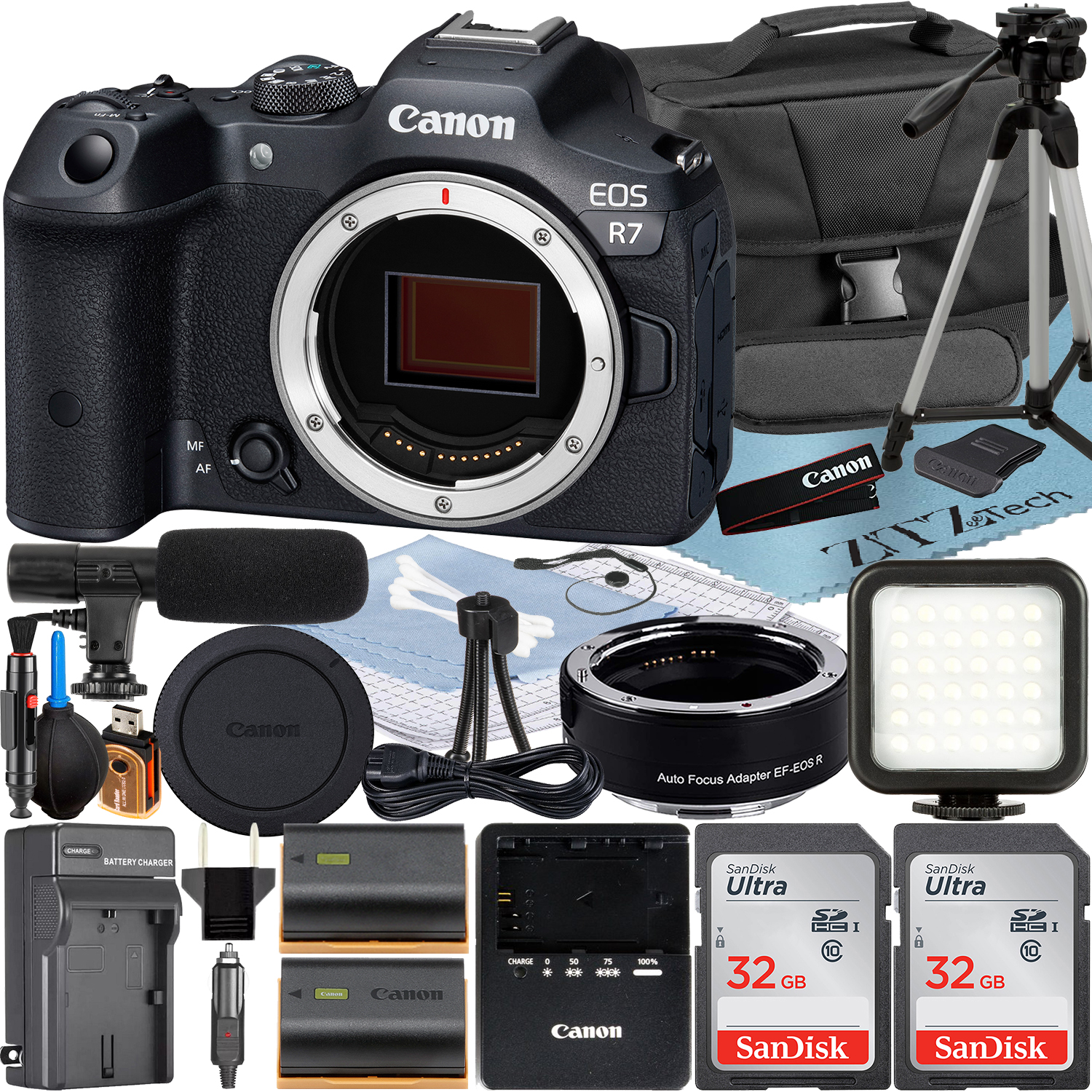 Canon EOS R7 Mirrorless Camera (Body) with Mount Adapter + 2 Pack SanDisk 32GB Memory Card + Case + ZeeTech Accessory