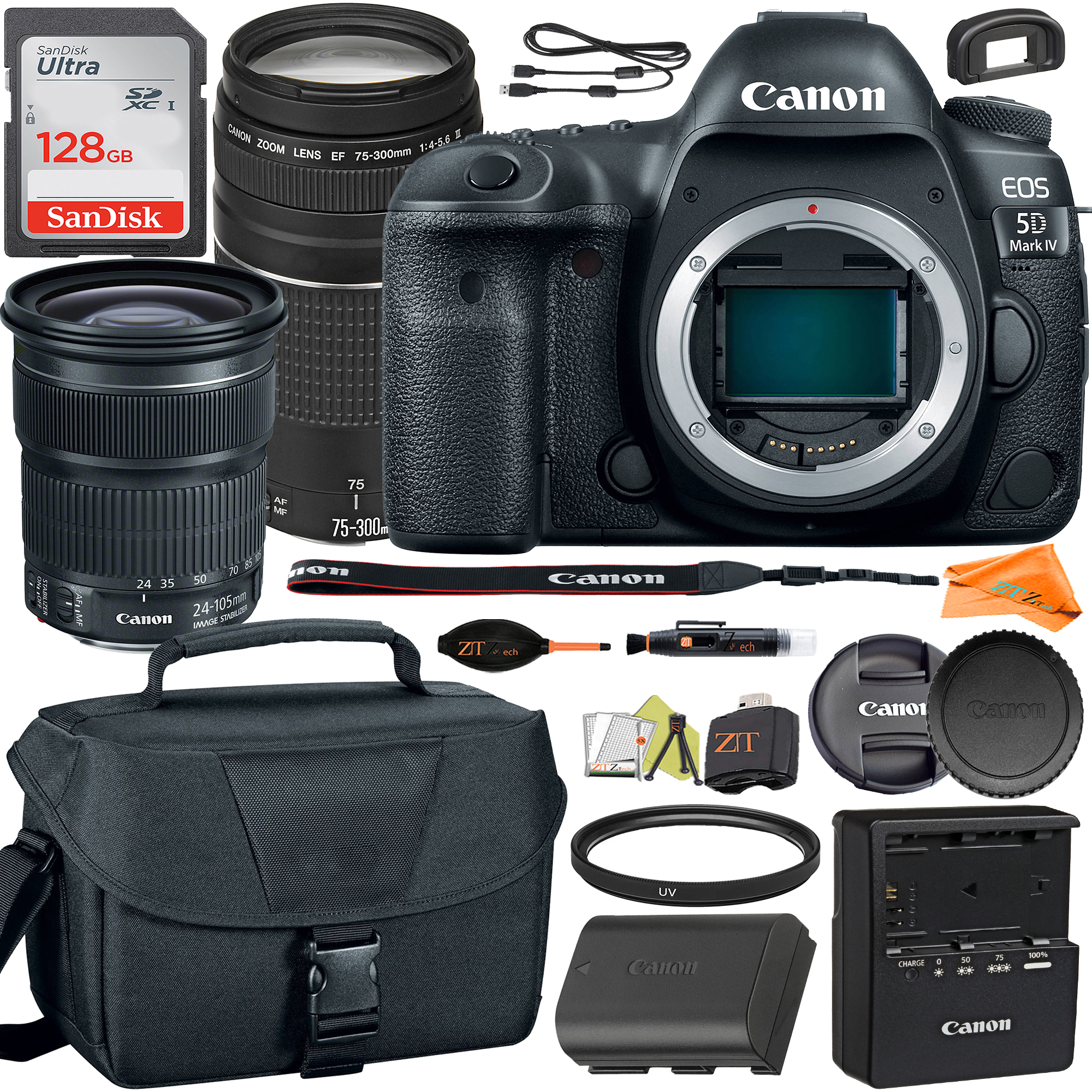 Canon EOS 5D Mark IV DSLR Camera with 24-105mm + 75-300mm Lens + SanDisk 128GB Card + Case + ZeeTech Accessory Bundle