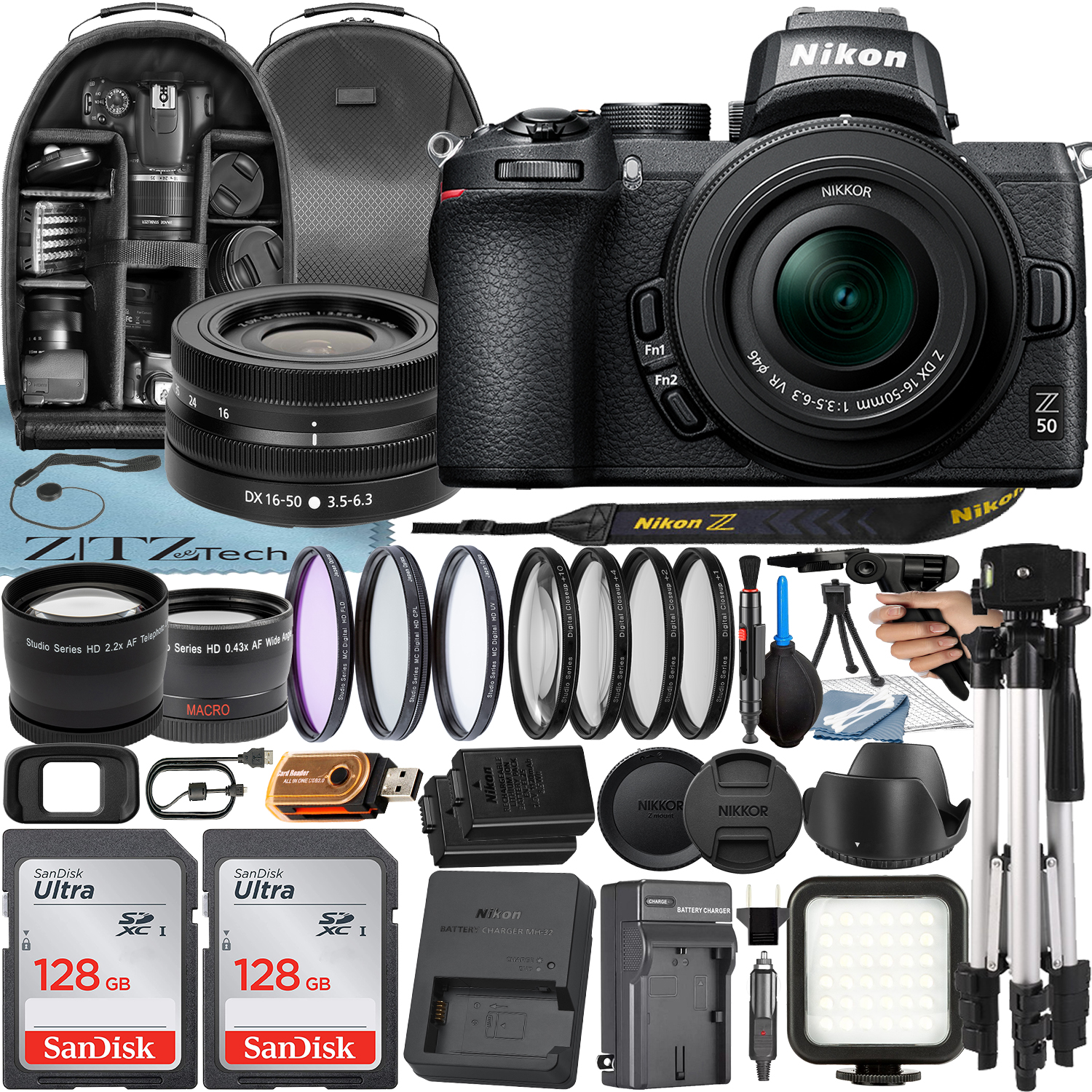 Nikon Z50 Mirrorless Camera with NIKKOR Z DX 16-50mm VR Lens + 2 Pack 128GB SanDisk Card + Case + Tripod + ZeeTech Accessory Bundle