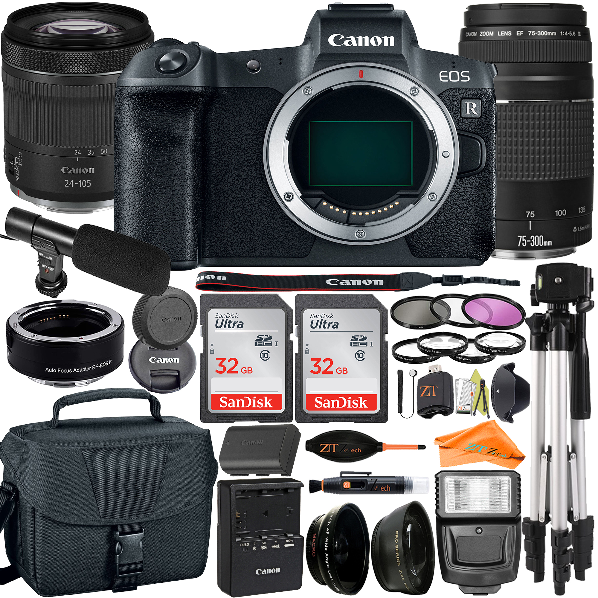 Canon EOS R Mirrorless Camera with RF24-105mm + 75-300mm Lens + Mount Adapter + 2 Pack SanDisk 32GB + ZeeTech Accessory