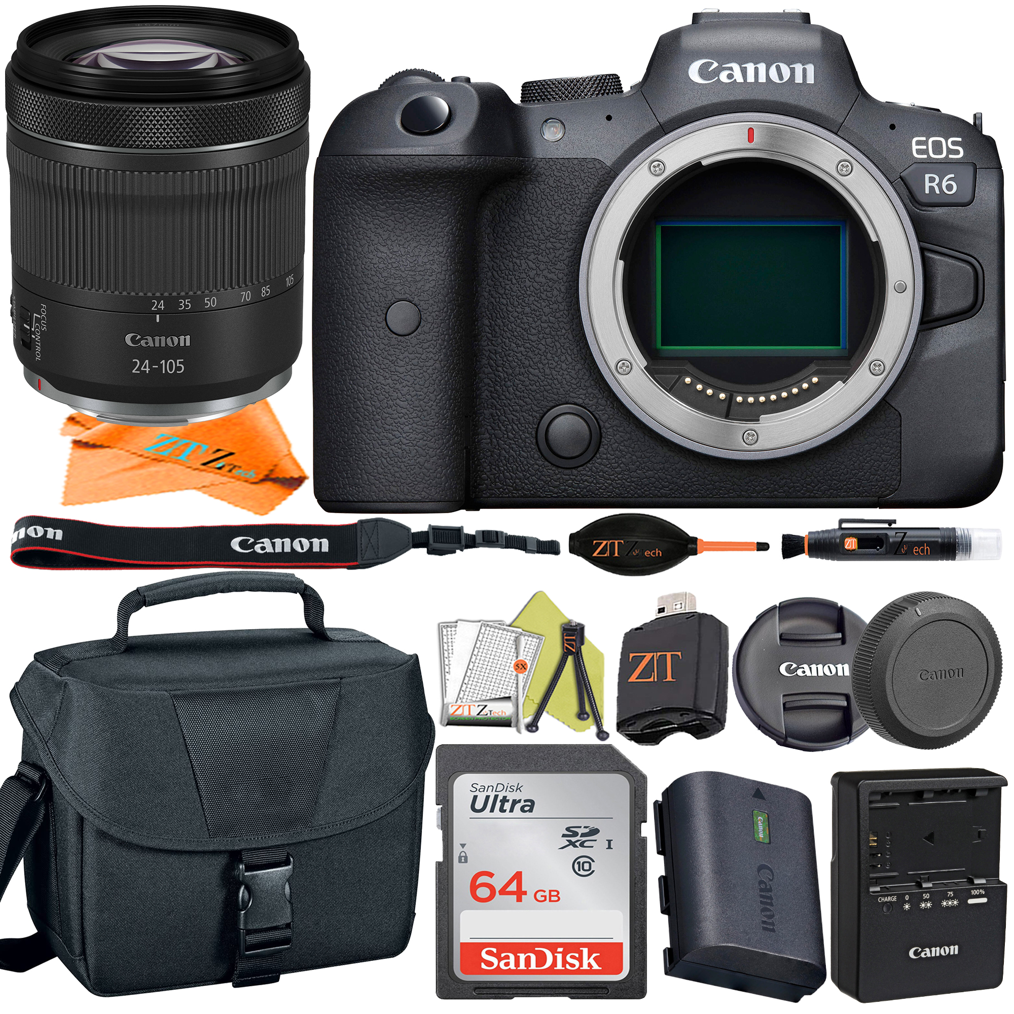 Canon EOS R6 Mirrorless Digital Camera Full Frame with RF 24-105mm STM Lens + SanDisk 64GB Memory Card + ZeeTech Accessory Bundle