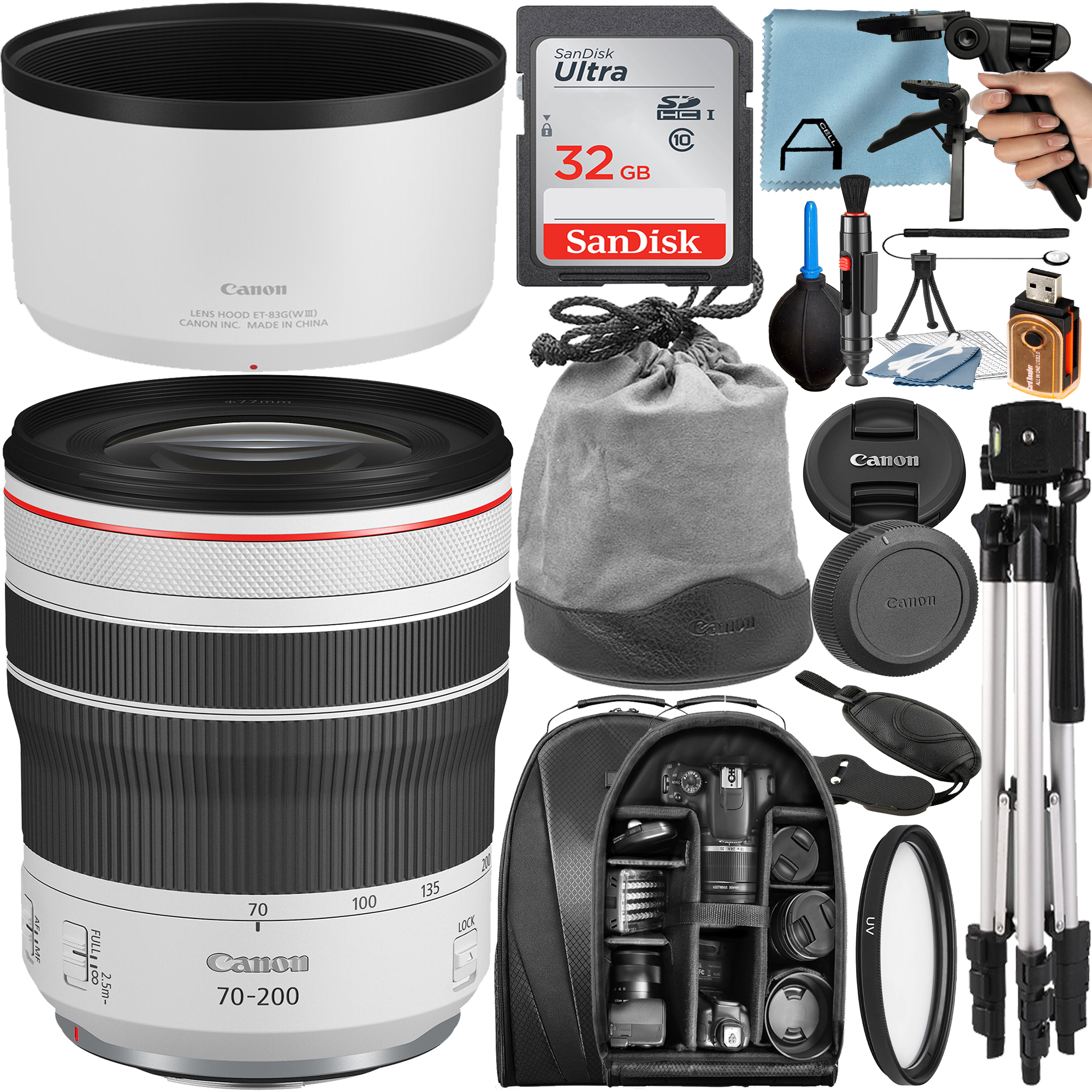 Canon RF 70-200mm F/4L IS USM Telephoto Zoom Lens with 32GB SanDisk Memory Card + Tripod + Backpack + A-Cell Accessory Bundle