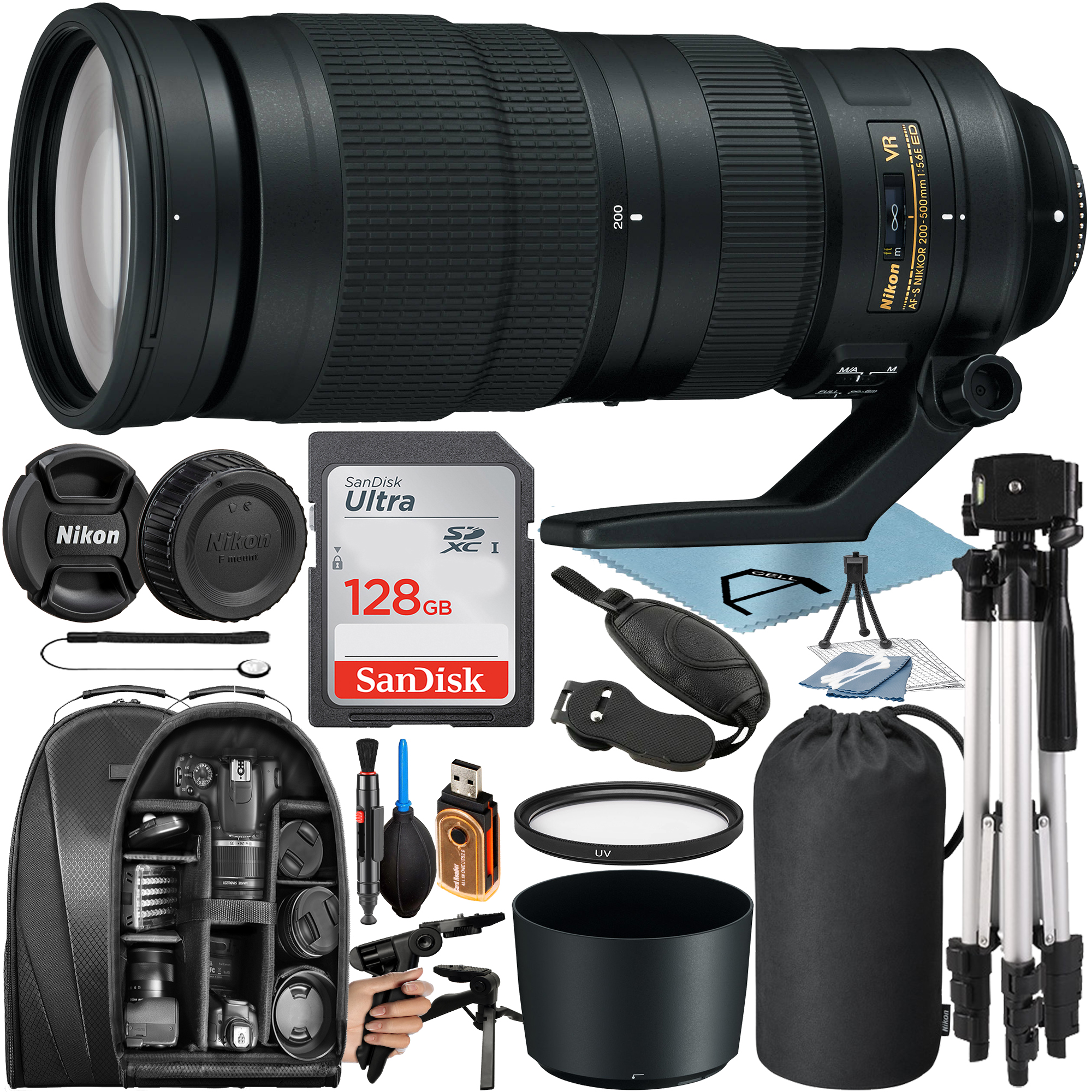 Nikon AF-S NIKKOR 200-500mm F/5.6E ED VR Lens with 128GB SanDisk Memory Card + Tripod + Backpack + A-Cell Accessory Bundle