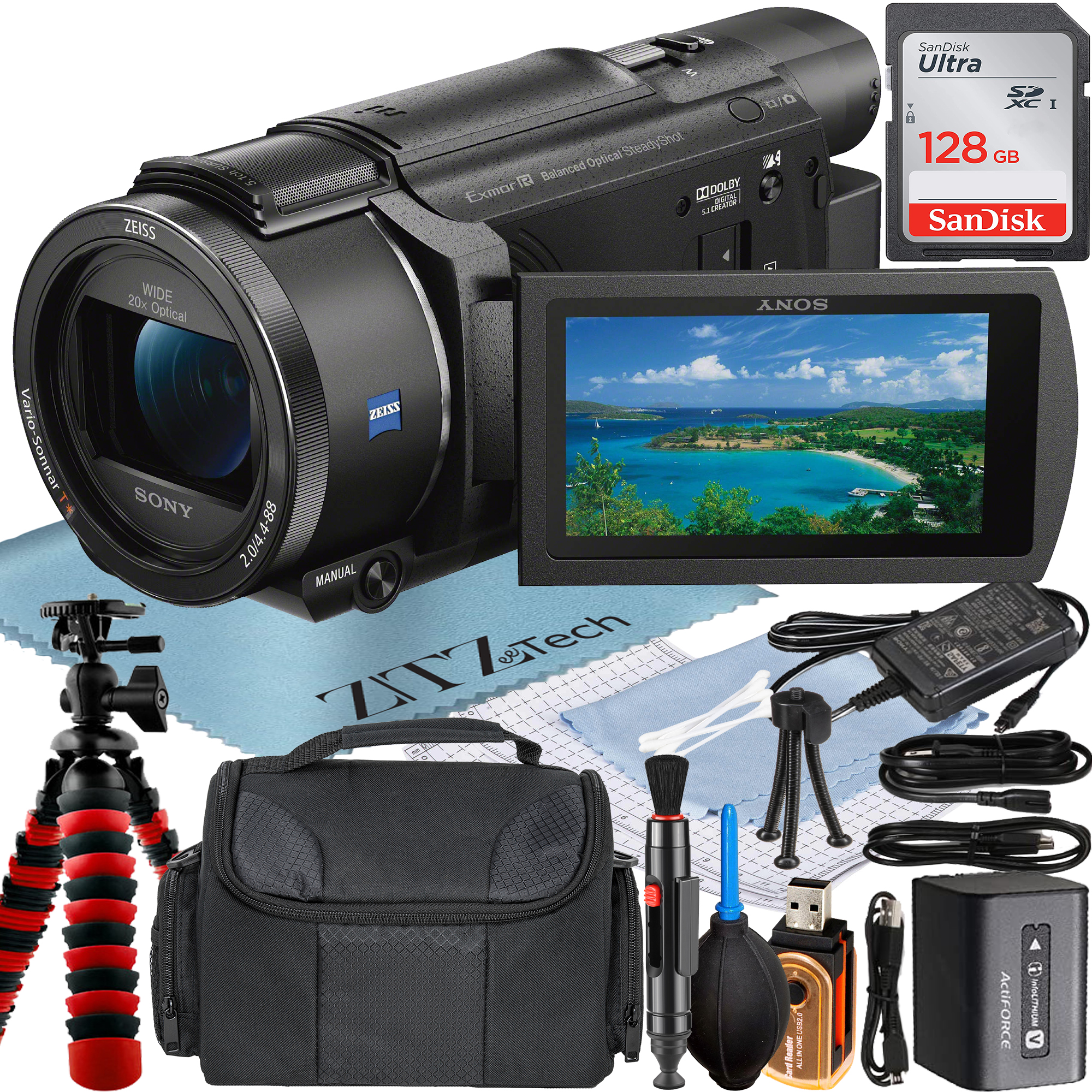 Sony FDR-AX53 4K Ultra HD Handycam Camcorder with 128GB SanDisk Memory Card + Case + Tripod + ZeeTech Accessory Bundle