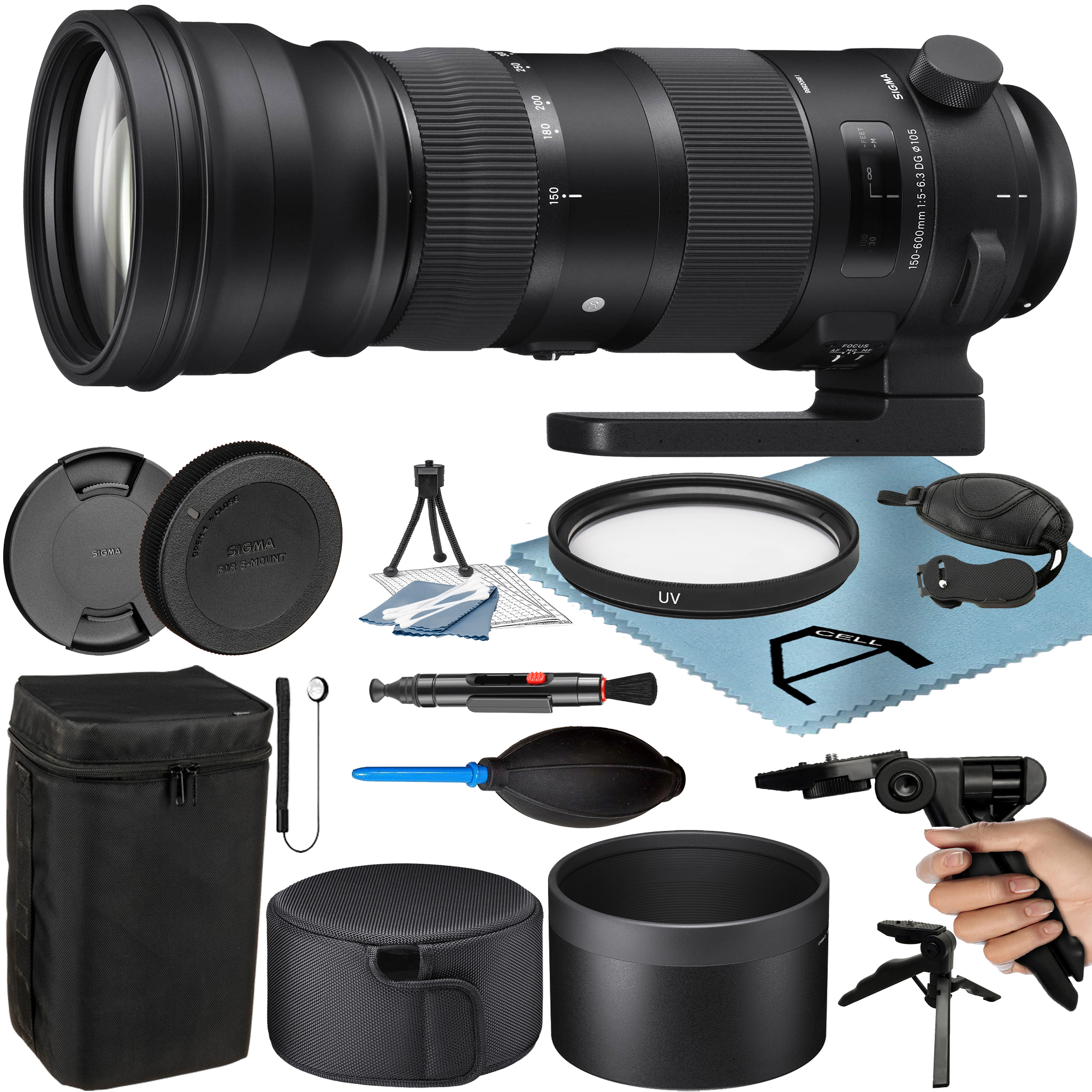 Sigma 150-600mm F/5-6.3 DG OS HSM Sports Lens for Canon EF with Tripod + UV Filter + A-Cell Accessory Bundle