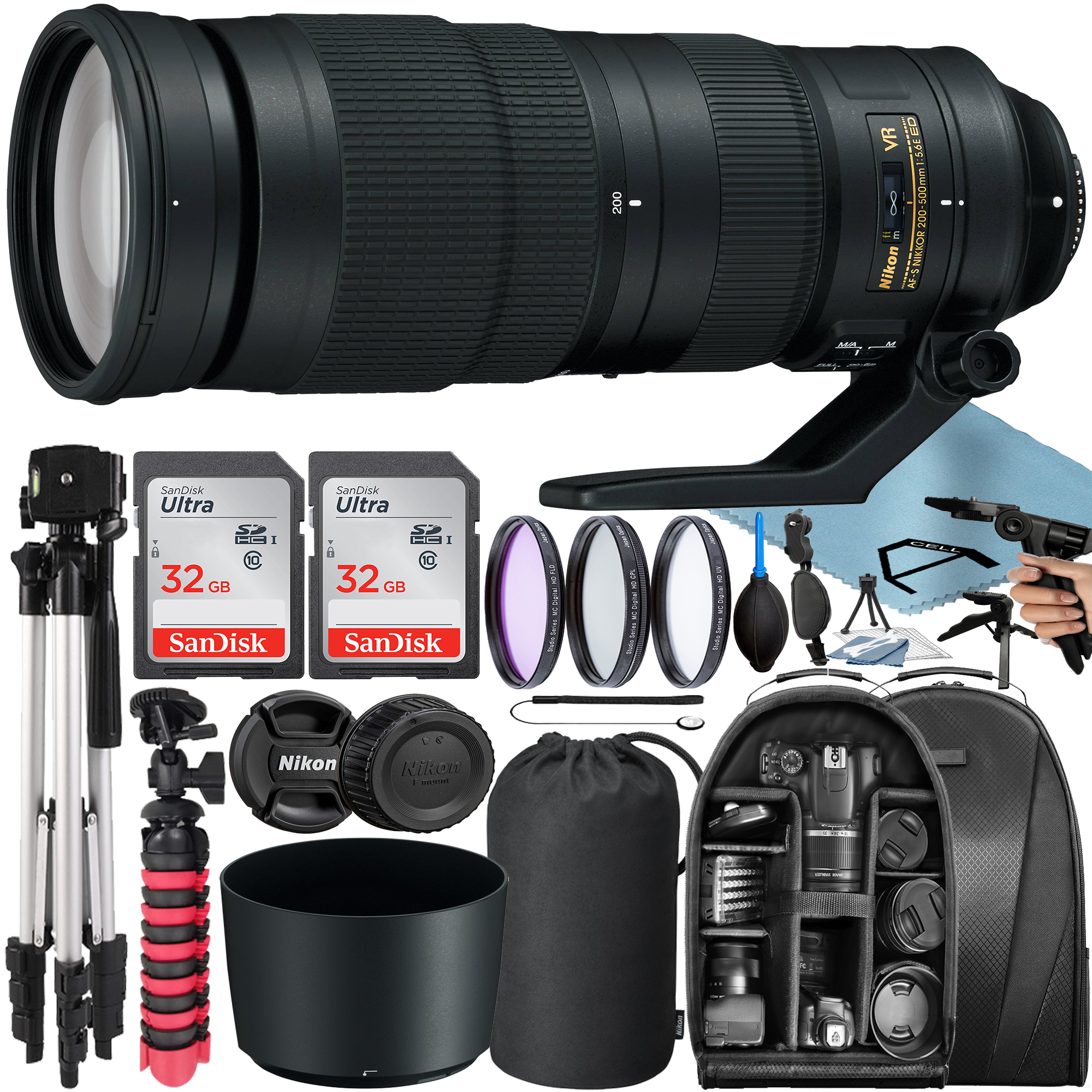 Nikon AF-S NIKKOR 200-500mm f/5.6E ED VR Lens with 2 Pack 32GB SanDisk Memory Card + Tripod + Backpack + A-Cell Accessory Bundle