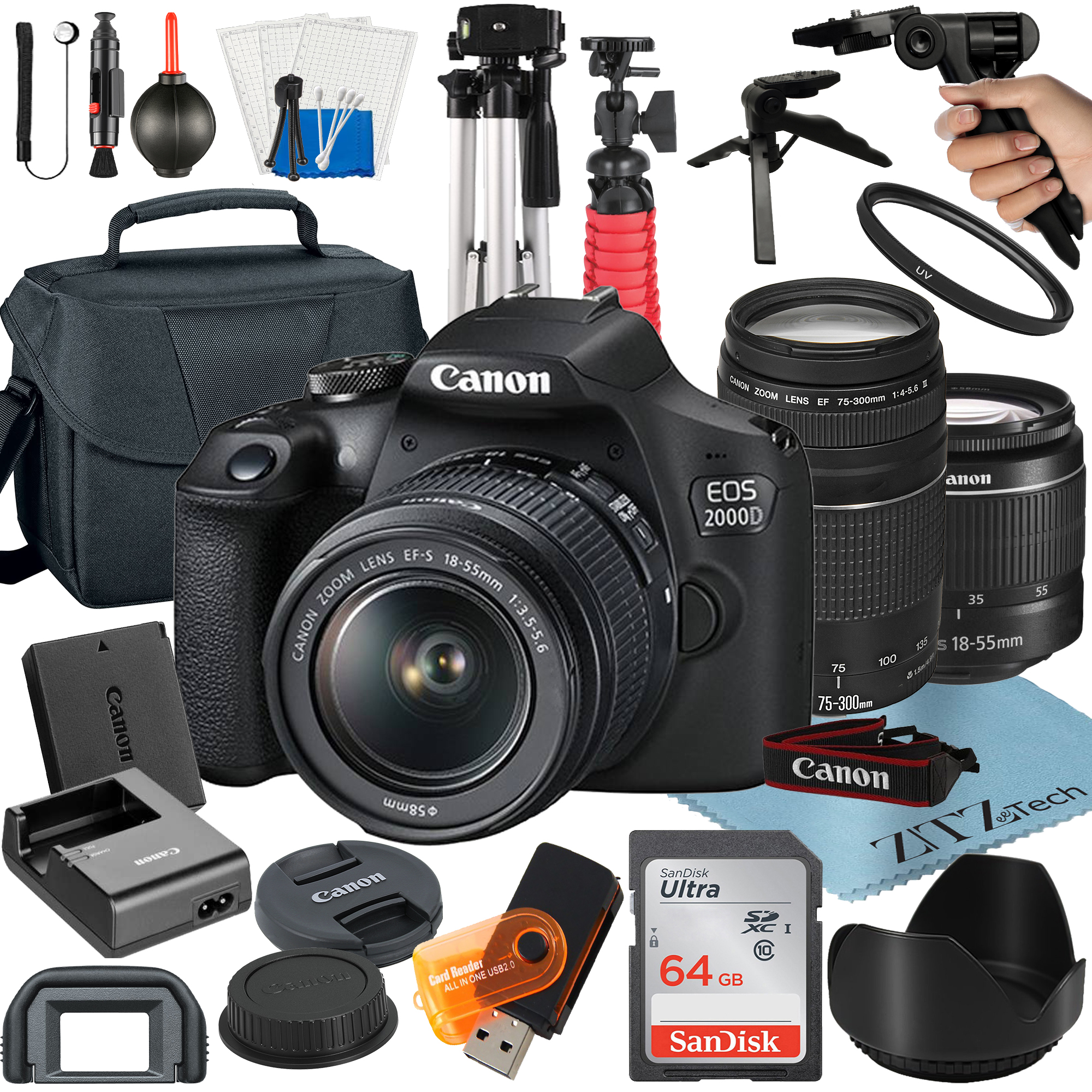 Canon EOS 2000D / Rebel T7 DSLR Camera Bundle with 18-55mm + 75-300mm Lens + 64GB SanDisk Card + Case + Tripod + ZeeTech Accessory